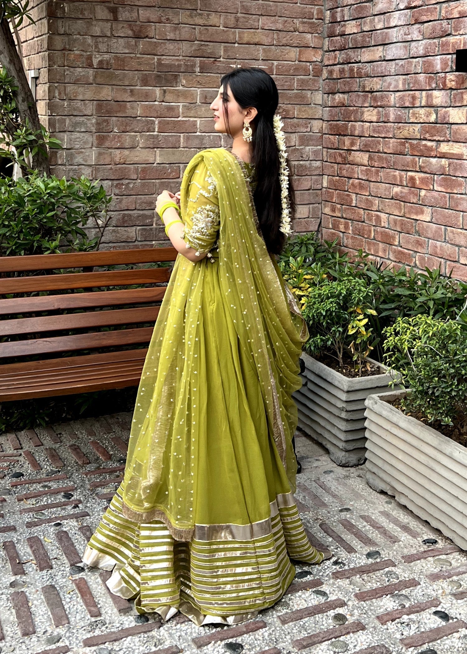 bemberg crinkle chiffon Lehenga in Olive green