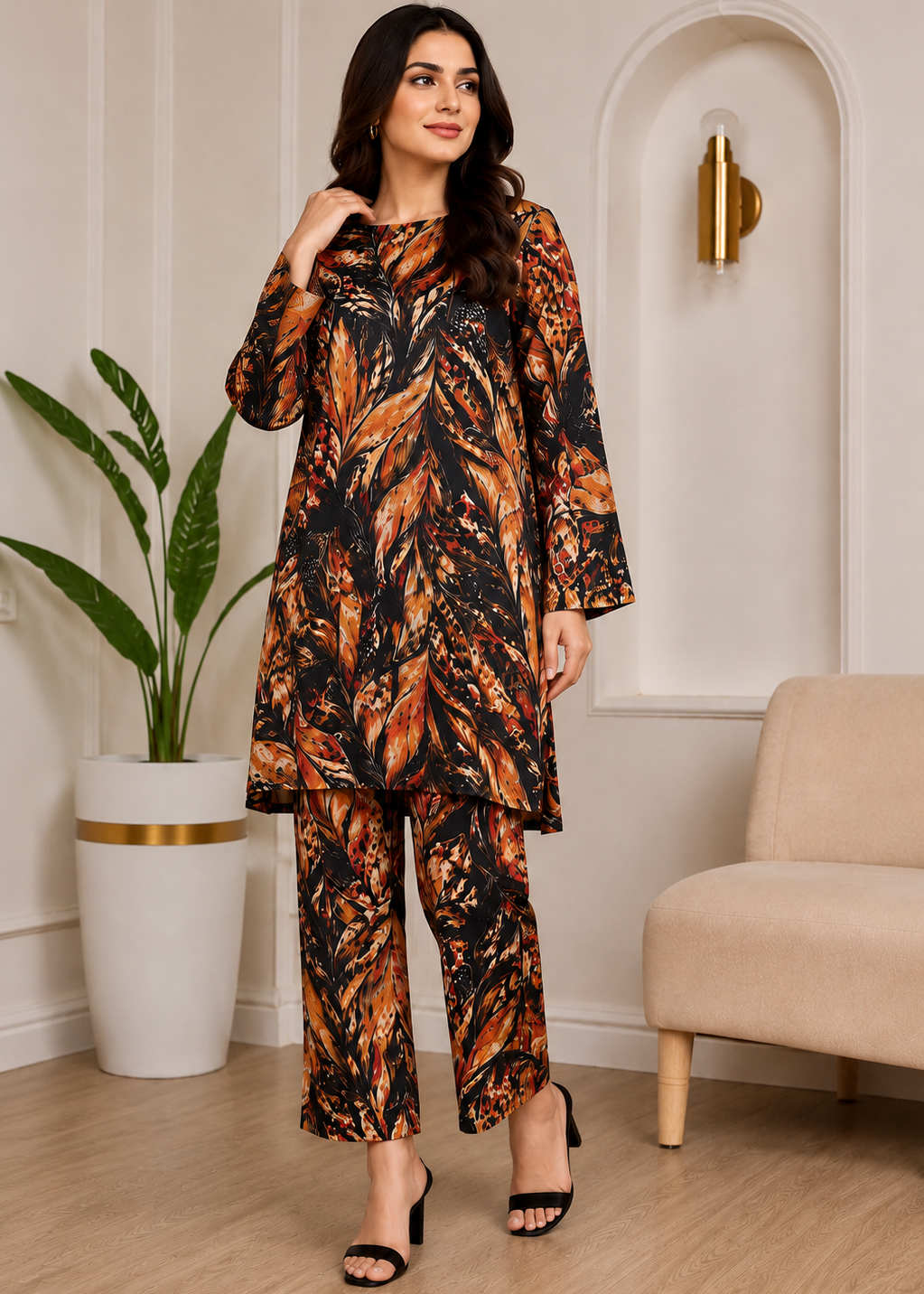 lawn Unstitched in Bronze orange, black