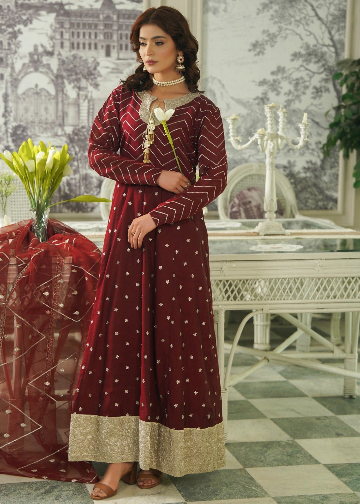 paper lawn Pishwas in Maroon