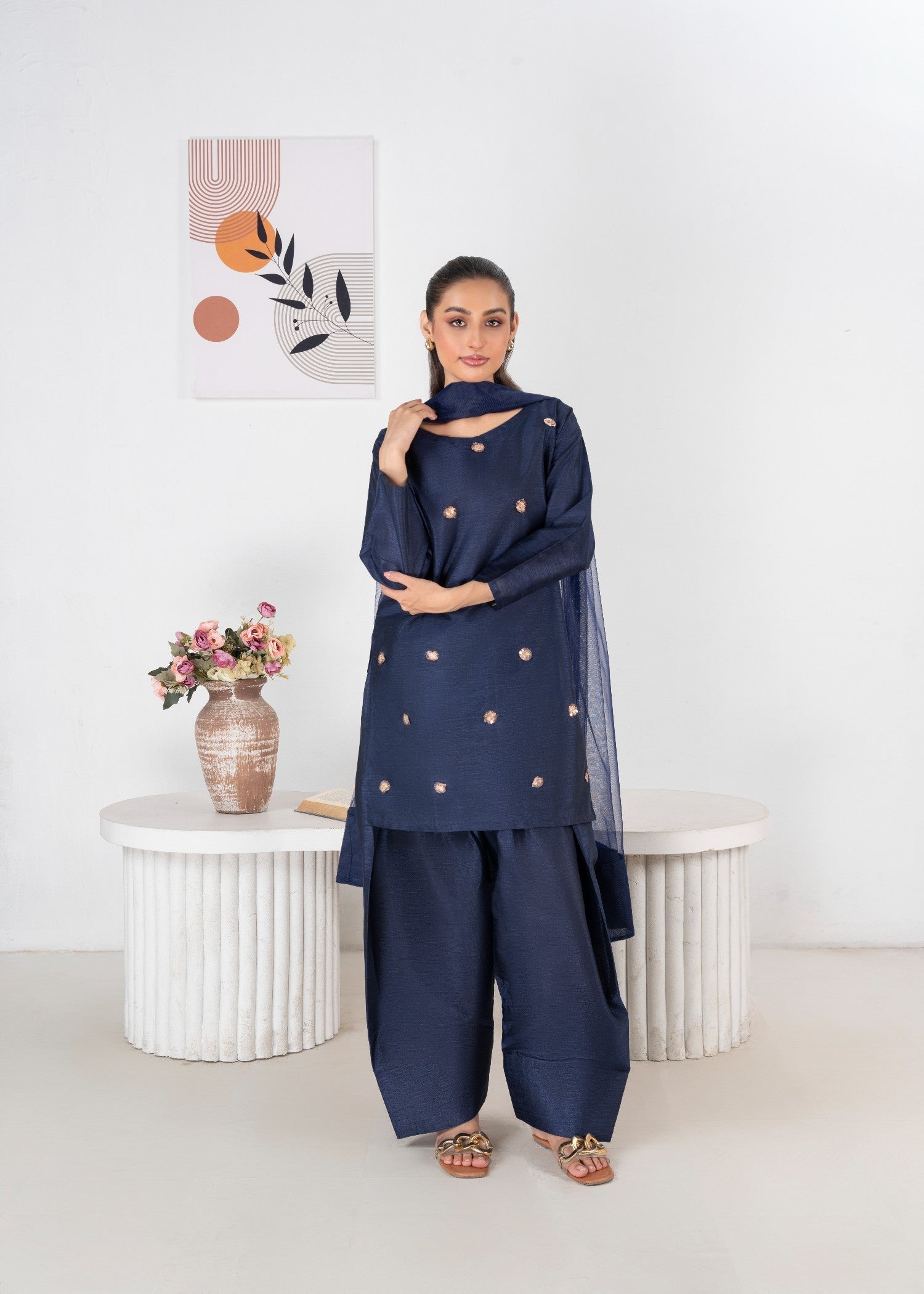 indian raw silk Kurta Set in Navy blue