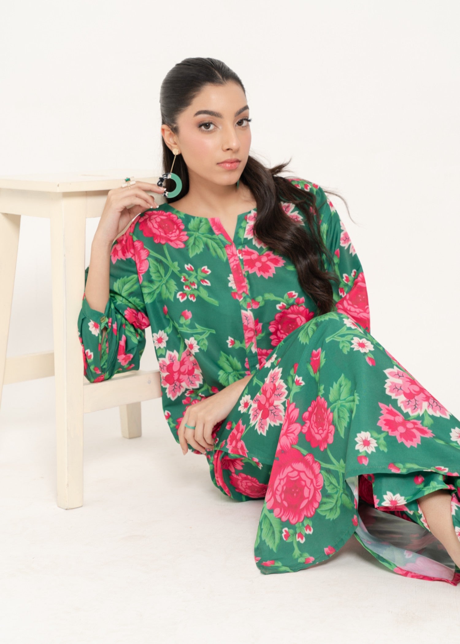 silk finish lawn Co Ord Sets in Green