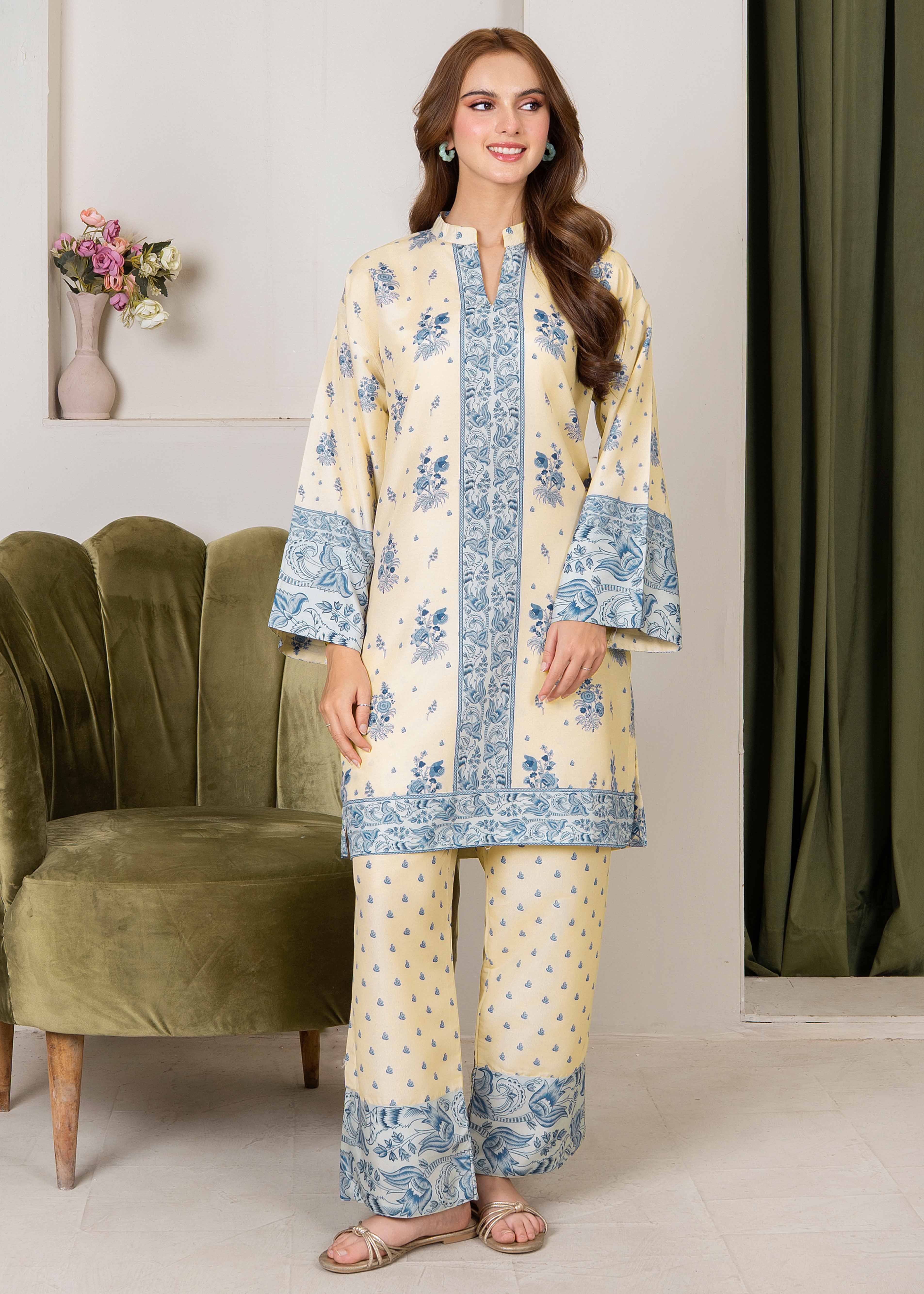 silk finish lawn Co Ord Sets in Butter