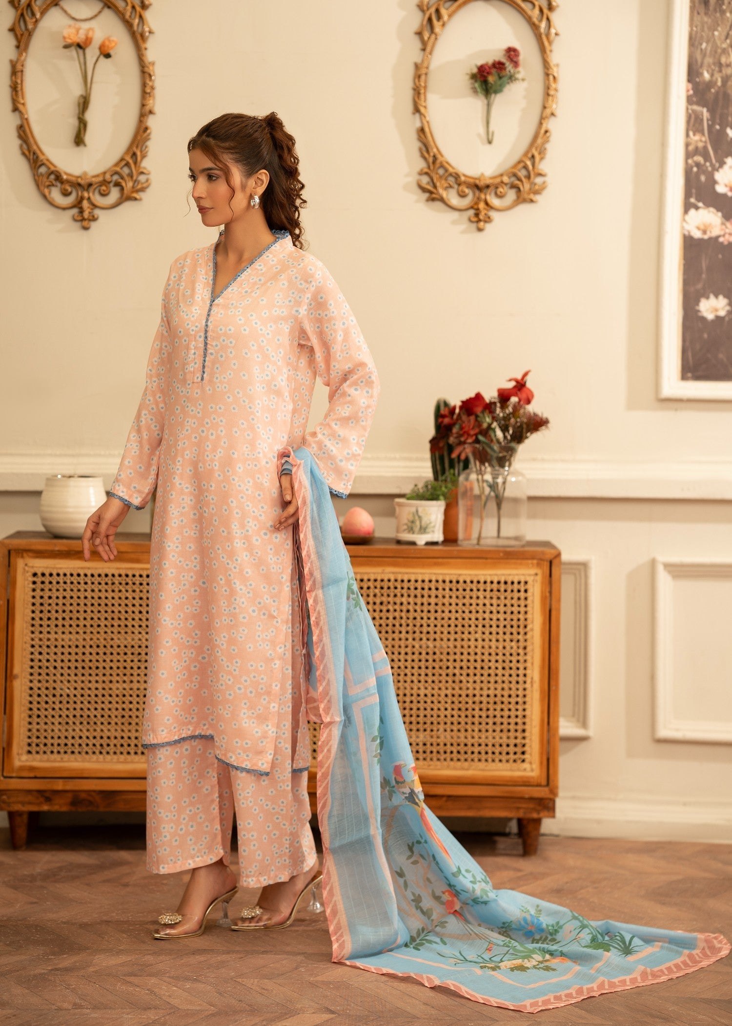 poly lawn Kurta Set in Peach orange