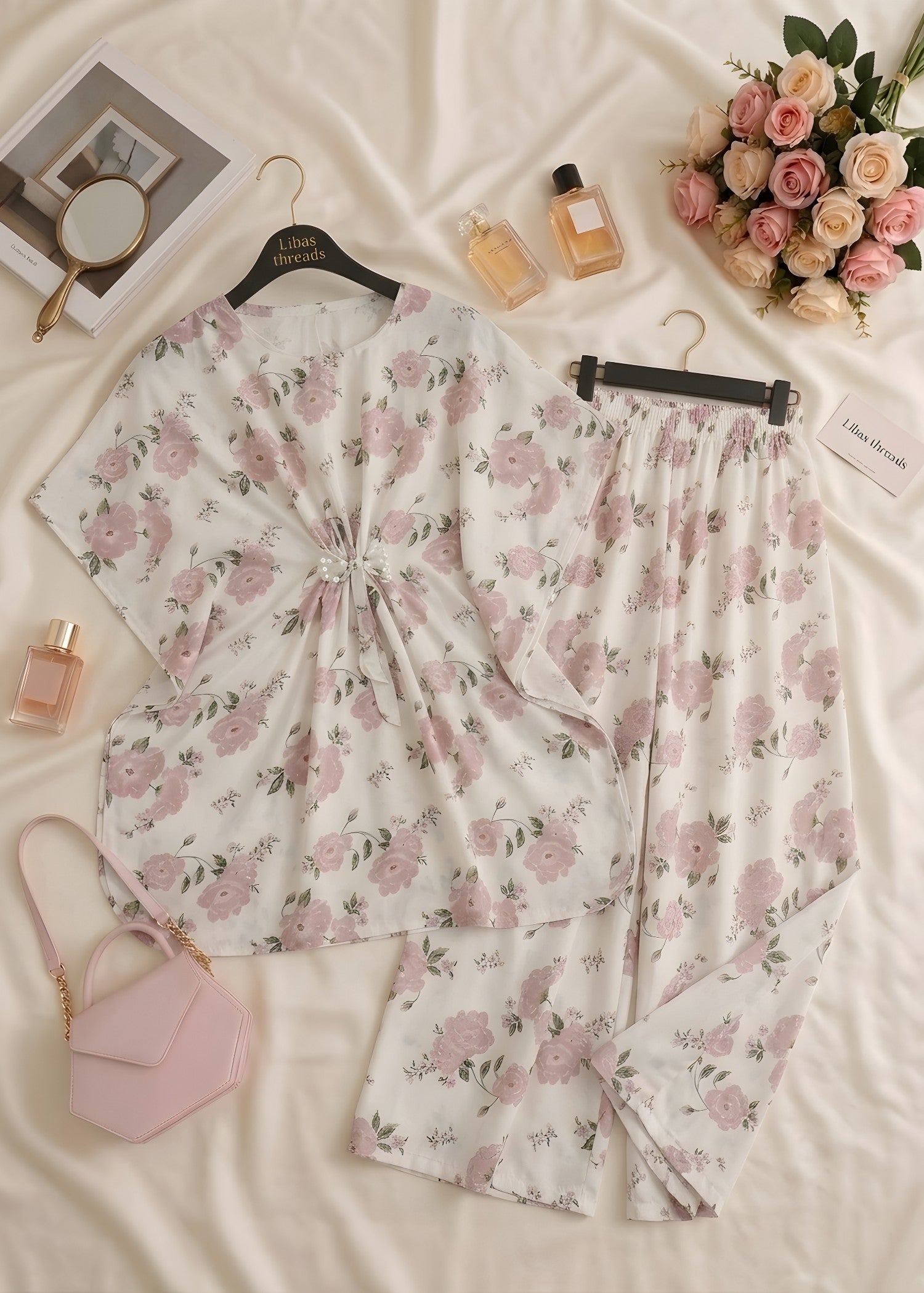 poly silk Kaftan in Baby pink, white