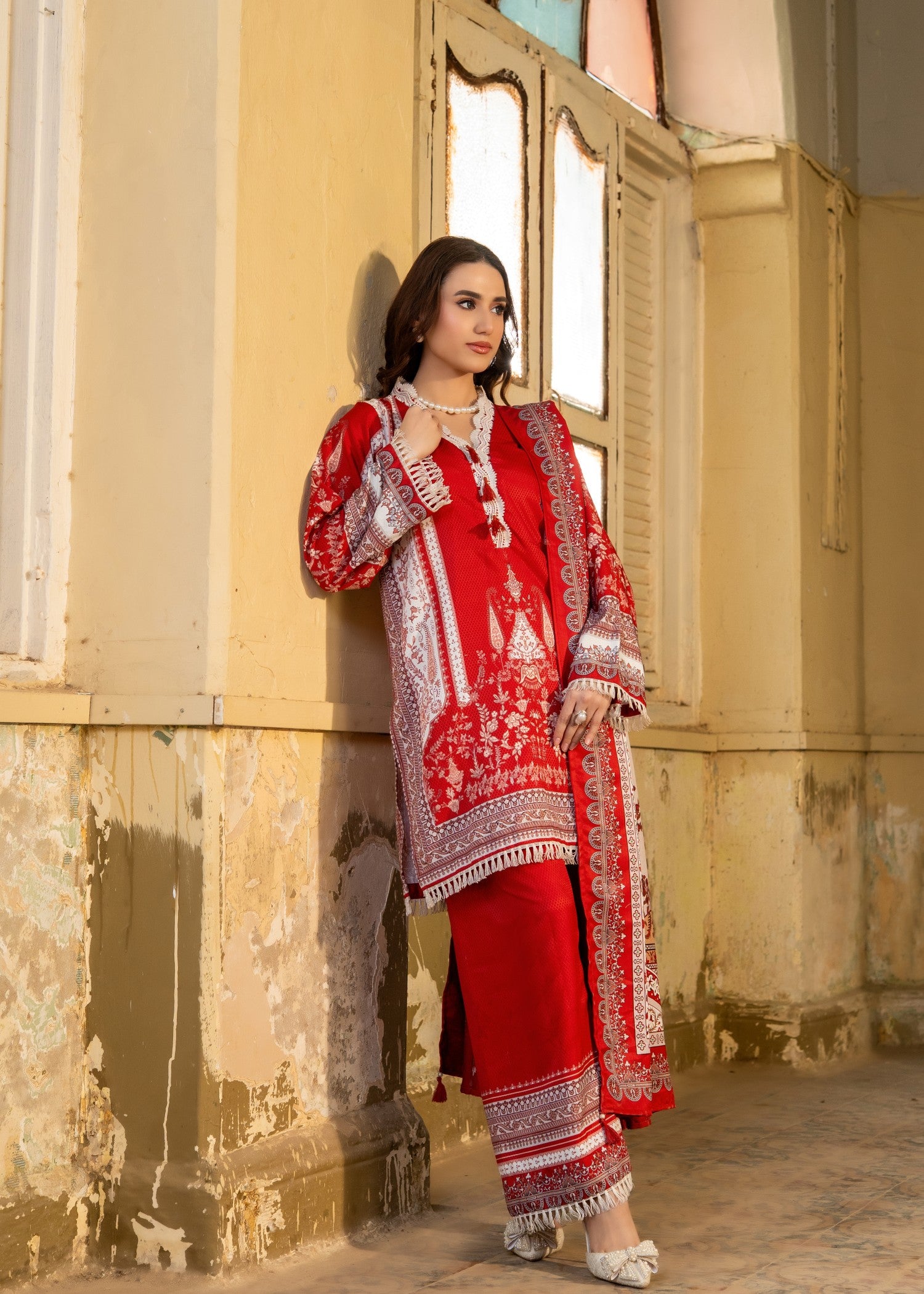 herringbone Kurta Set in Red