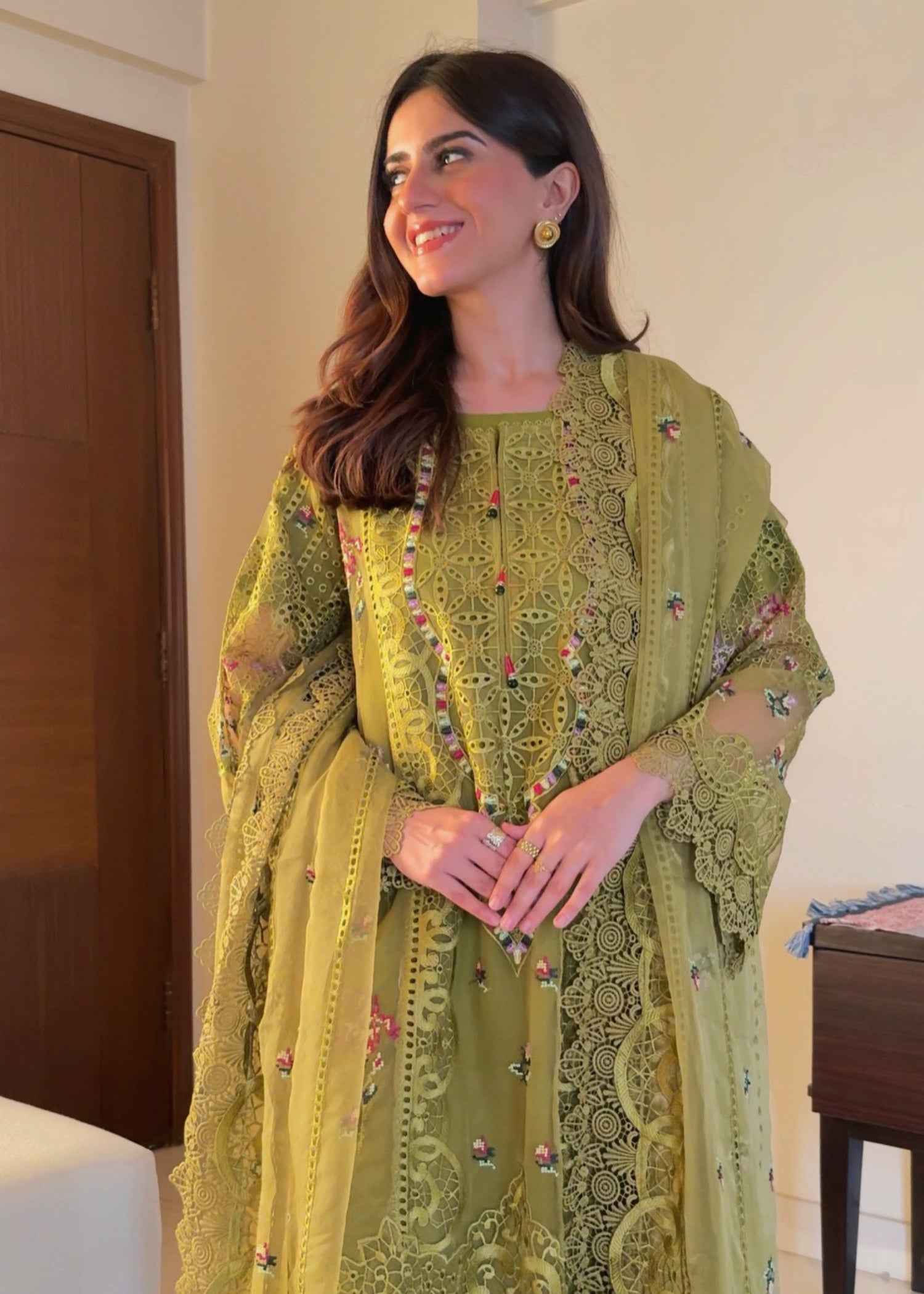 organza Kurta Set in Apple green