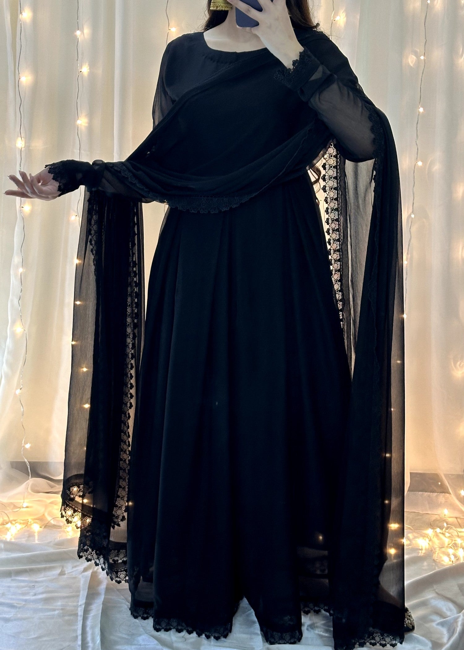 bemberg crinkle chiffon Anarkali in Black