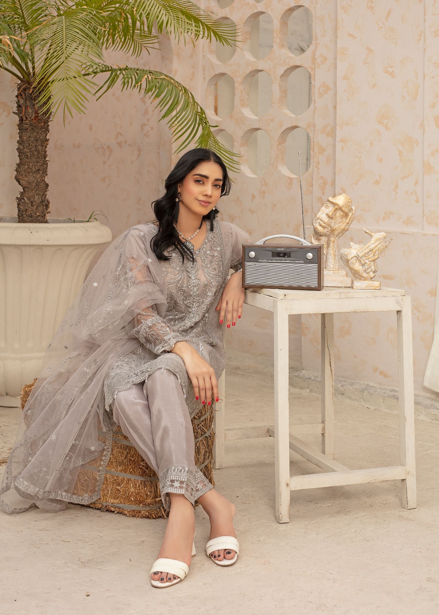 net Kurta Set in Silver
