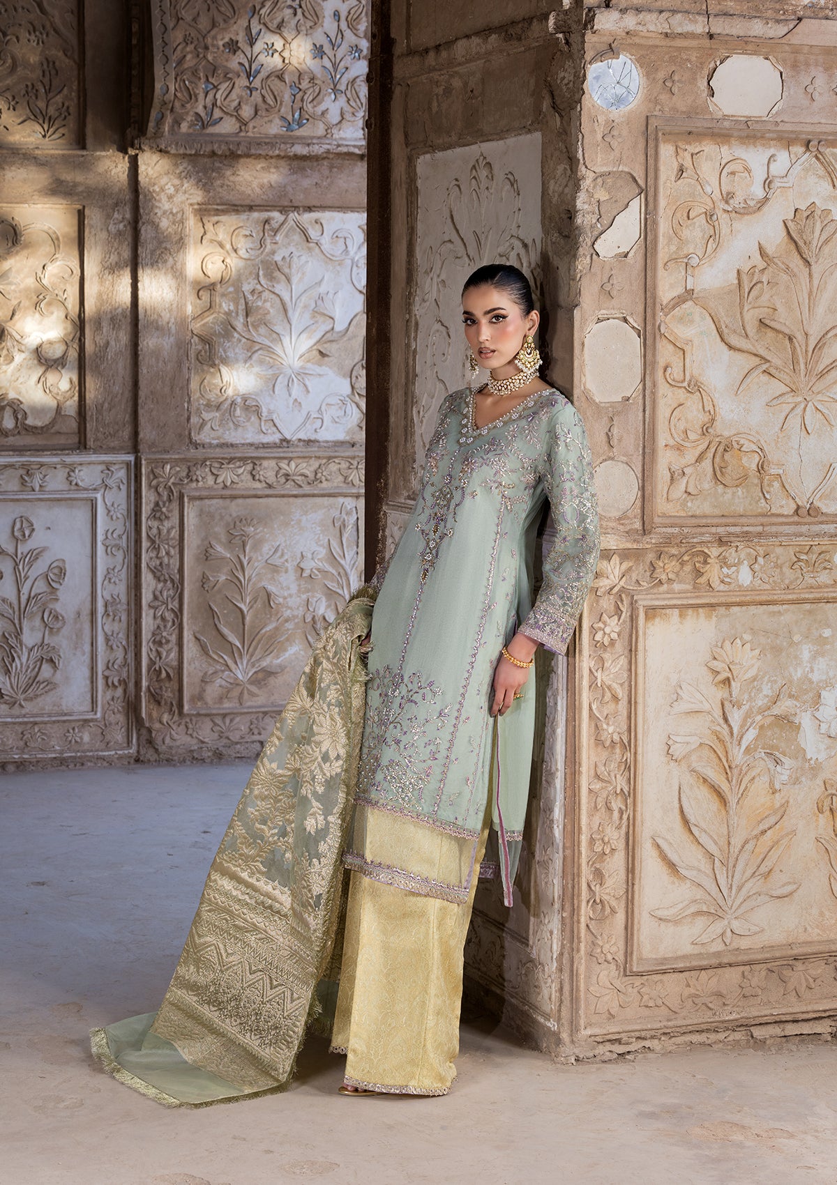 net Kurta Set in Moss green