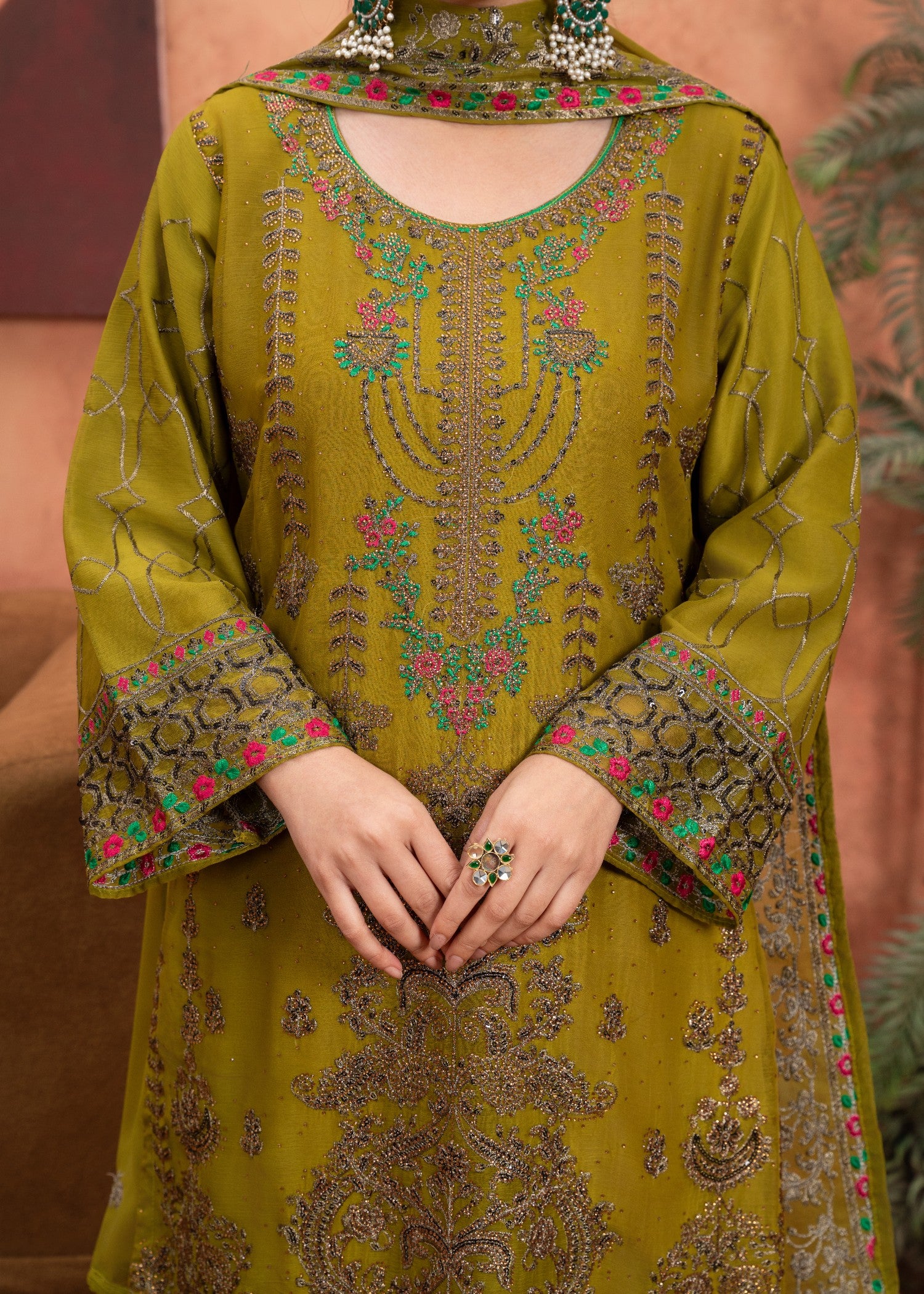 chiffon Kurta Set in Olive green
