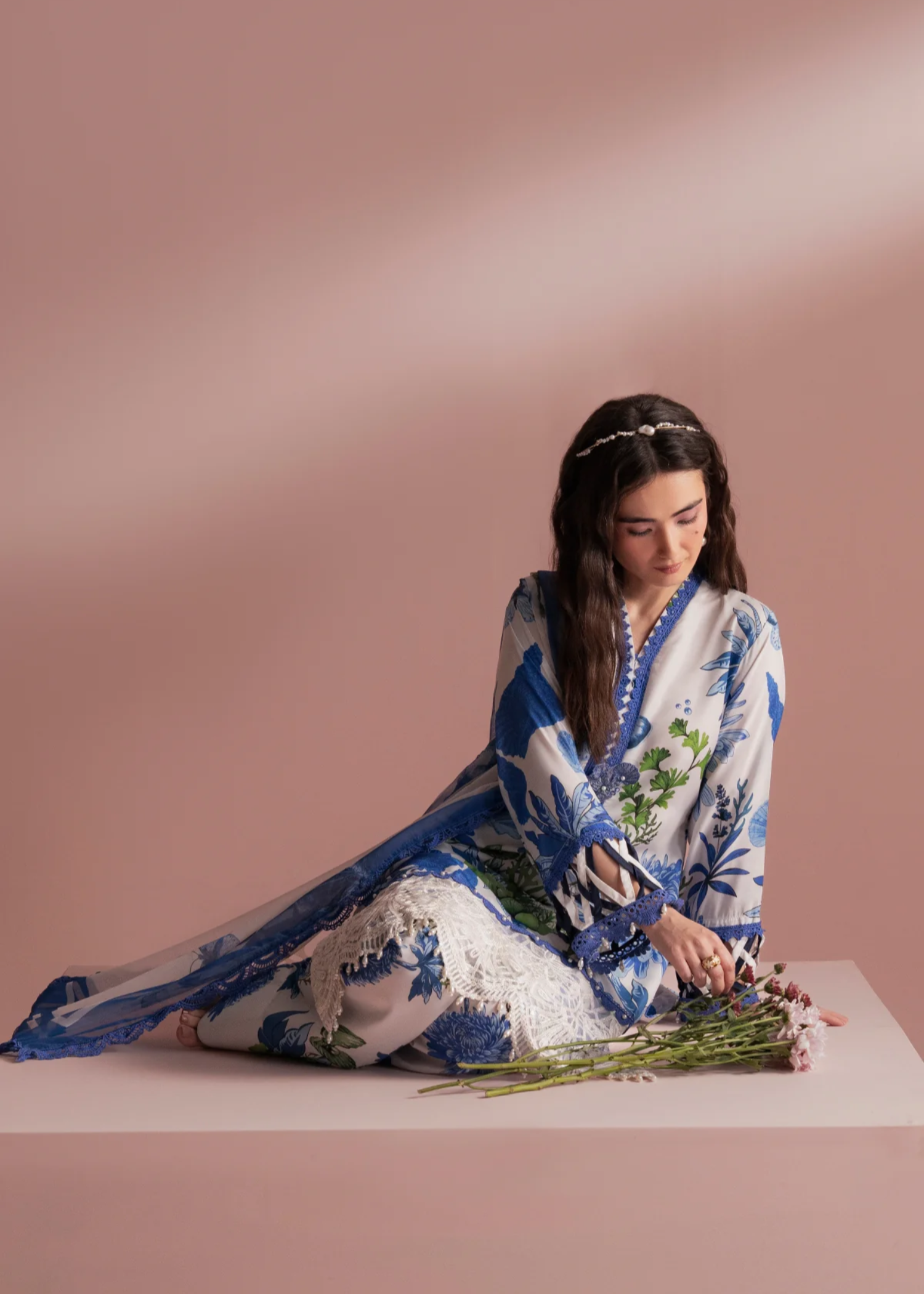 lawn Kurta Set in Blue, white