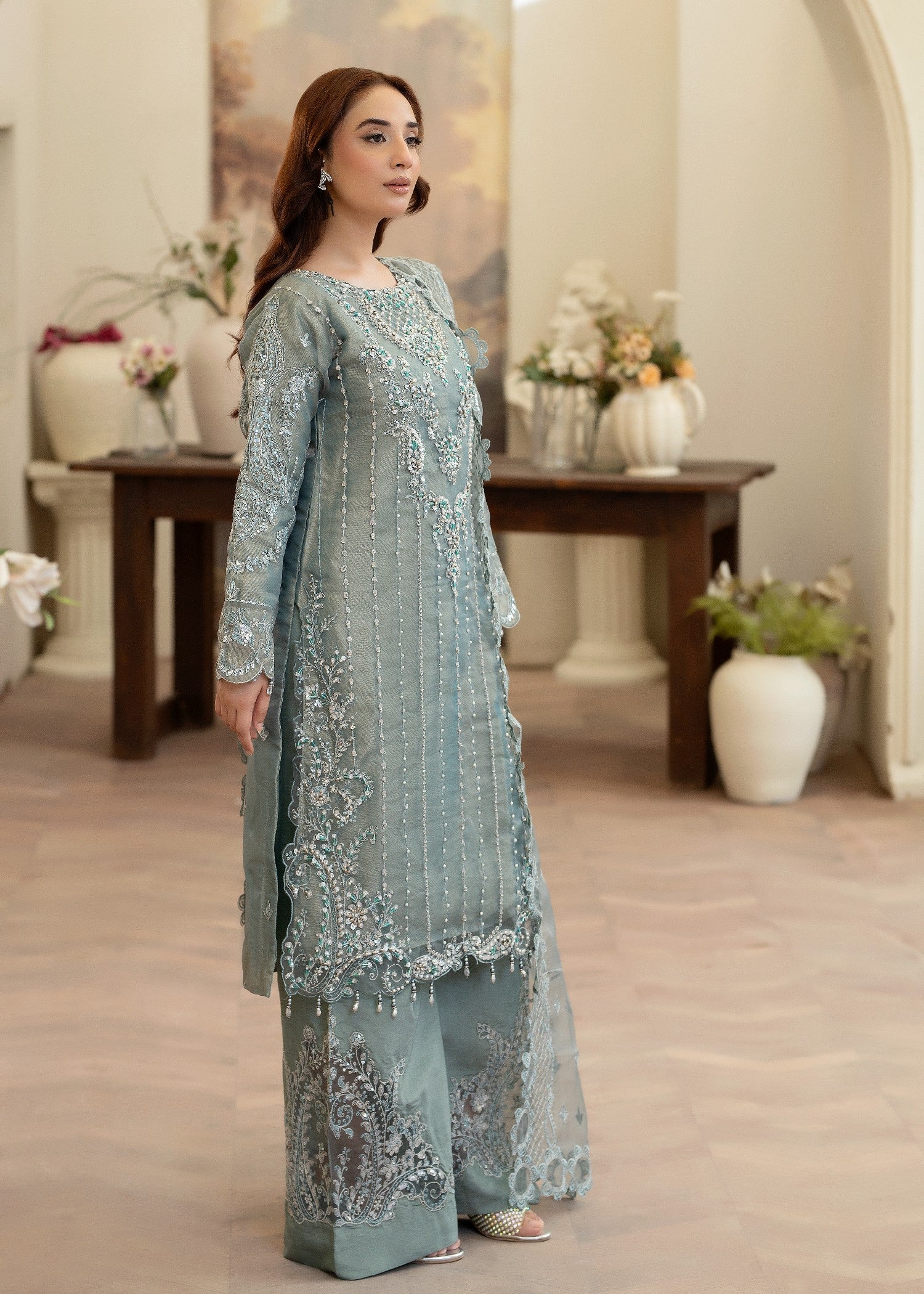 organza Kurta Set in Eucalyptus green