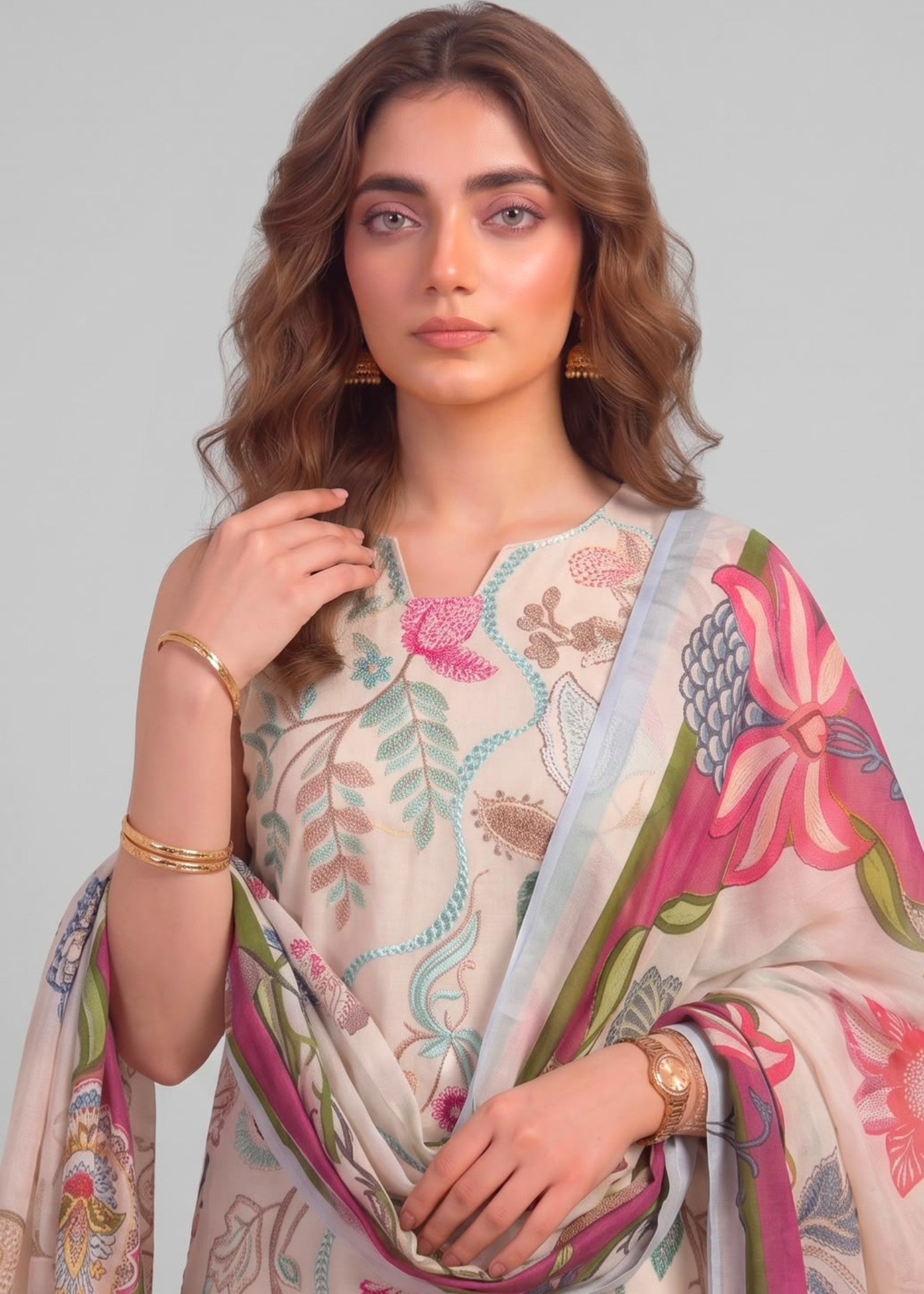lawn Unstitched in Cream, ivory