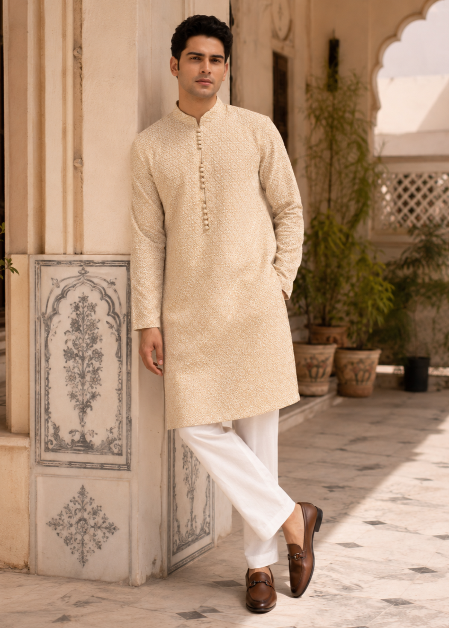 chikankari cotton Kurta Set in Cream by The Great Masters (TGM)