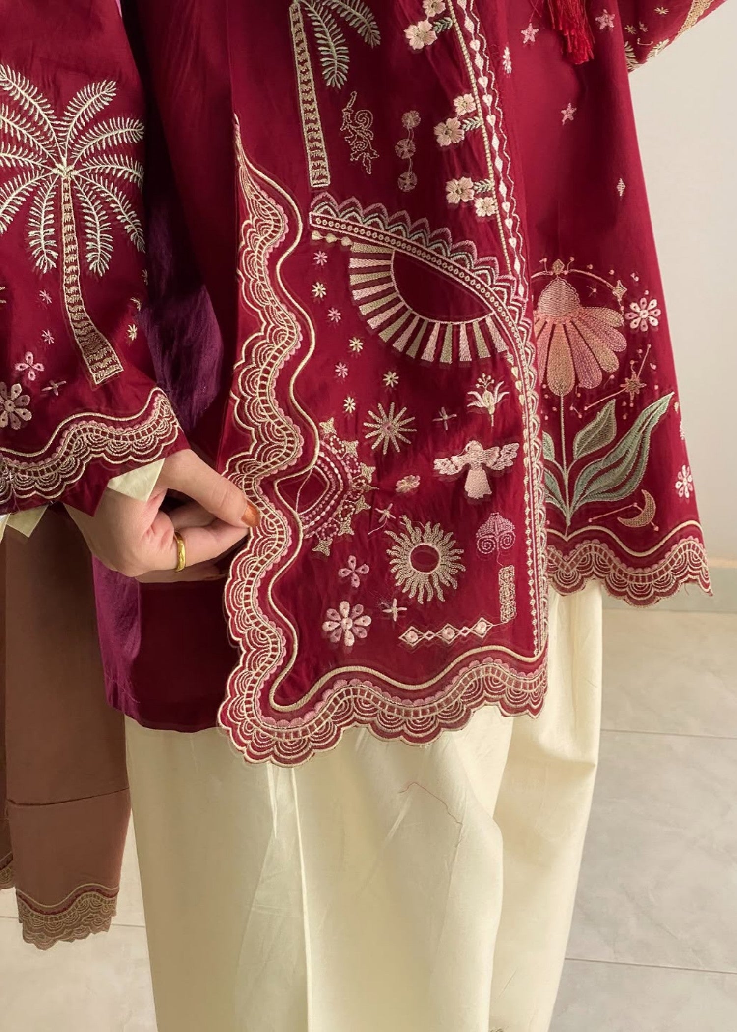 linen Kurta Set in White, maroon