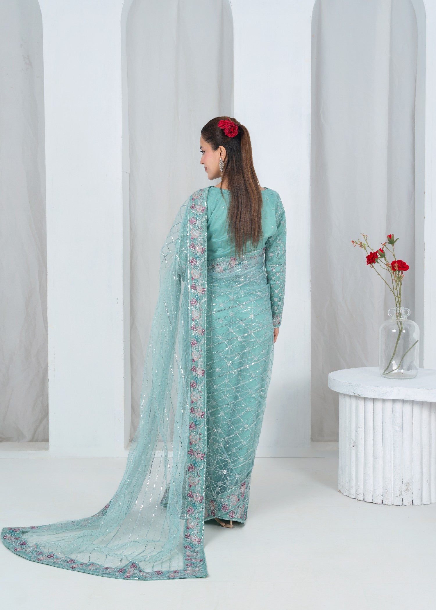 net Saree in Teal
