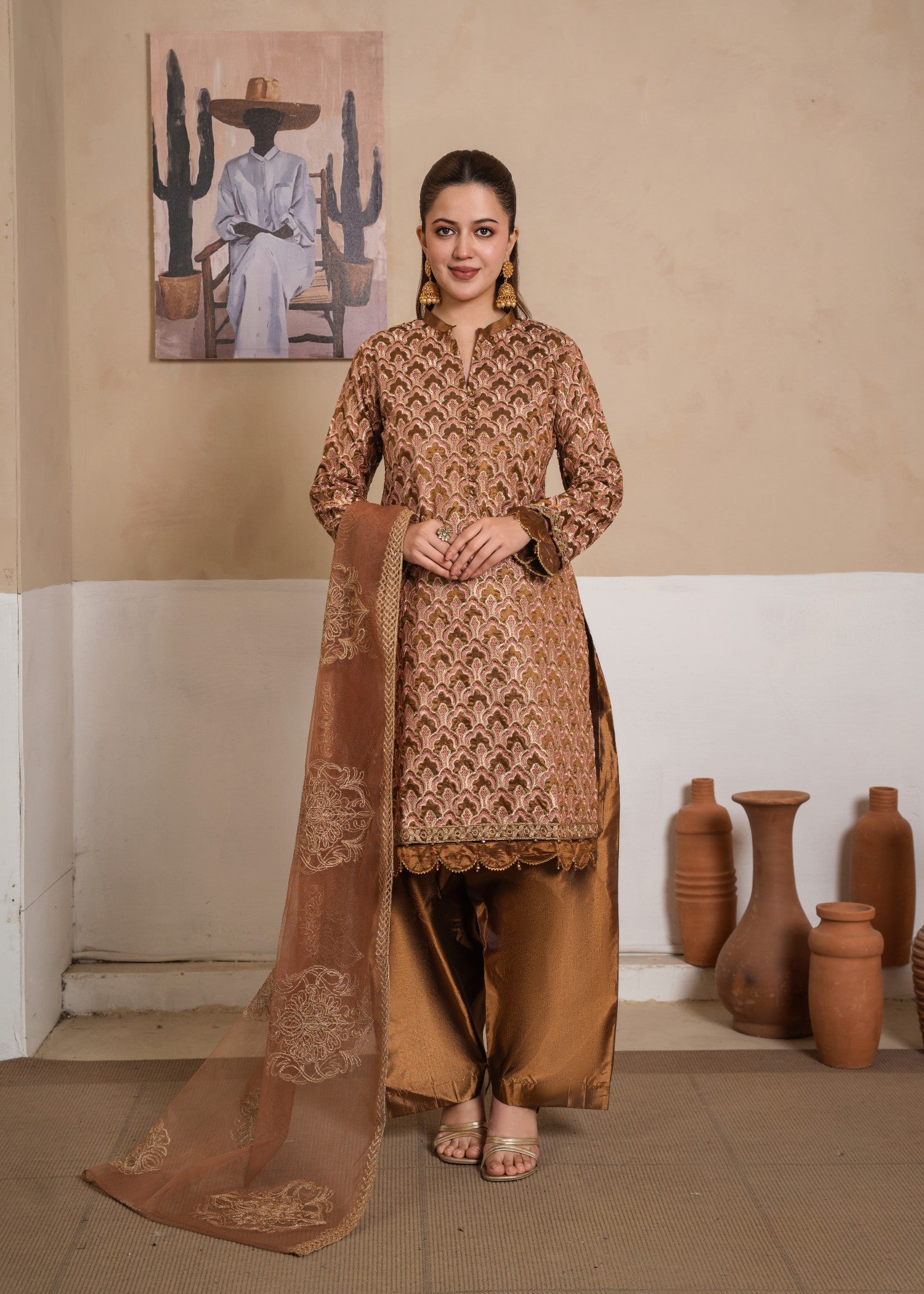 kattan silk Kurta Set in Tan brown, peanut