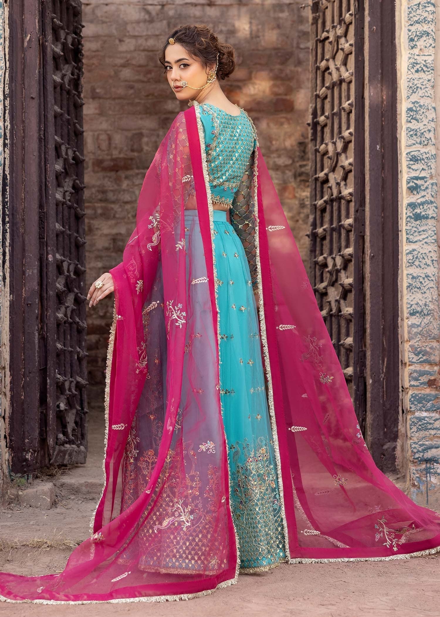 net Lehenga in Turquoise