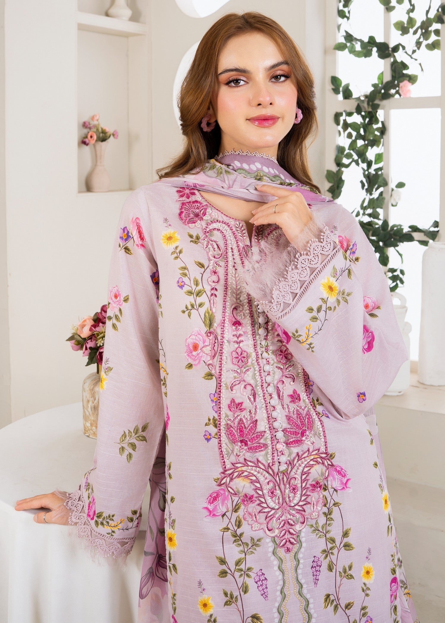 slub lawn Kurta Set in Lavender blush