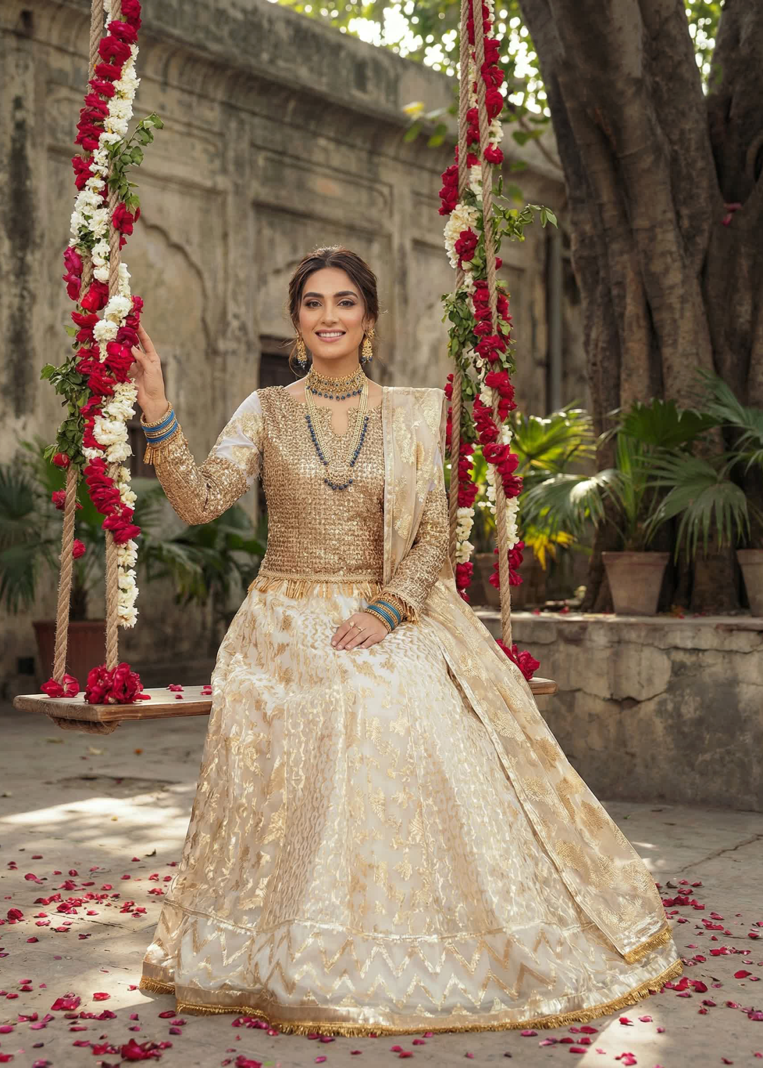 raw silk Lehenga in Gold
