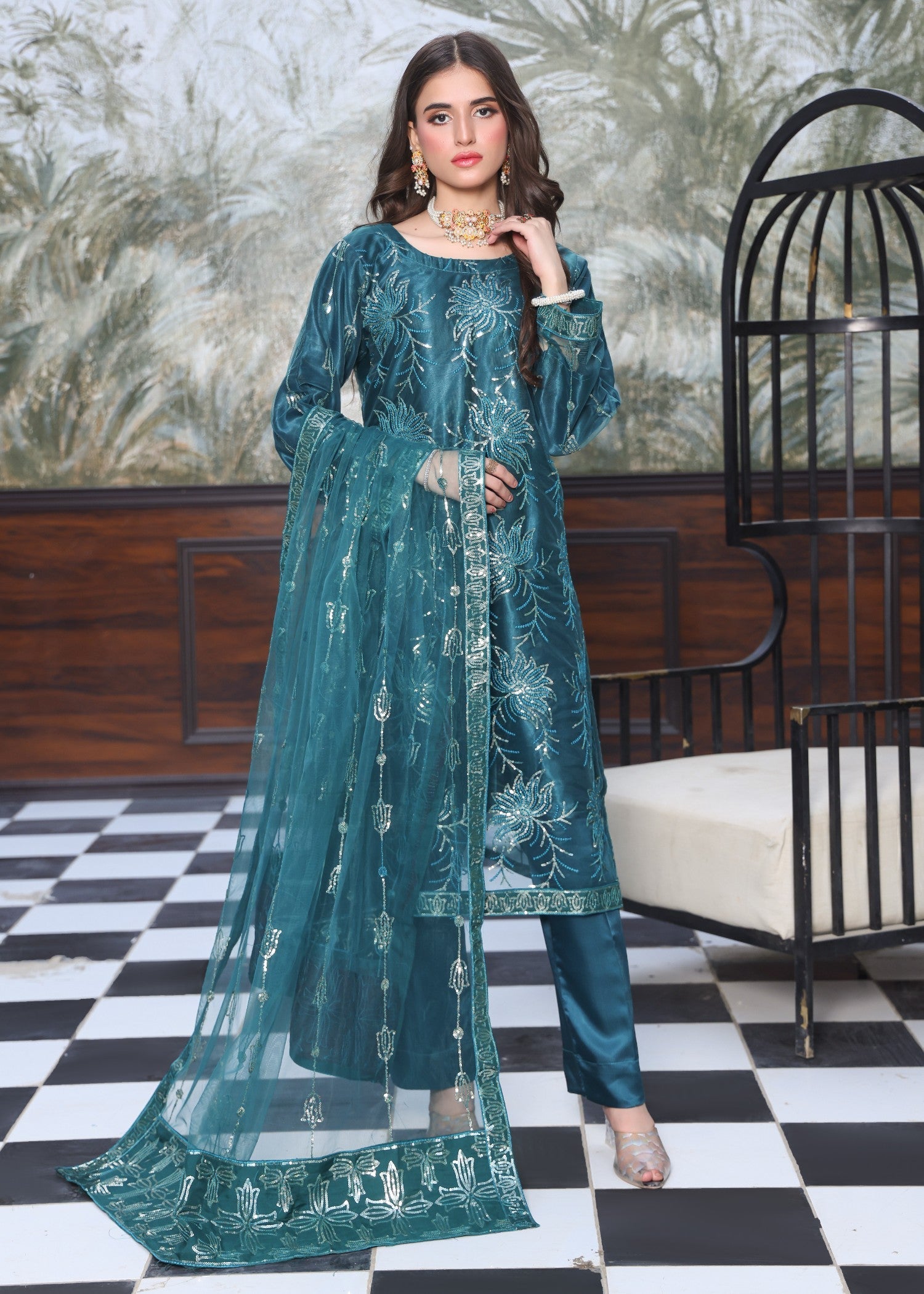 net Kurta Set in Sea green