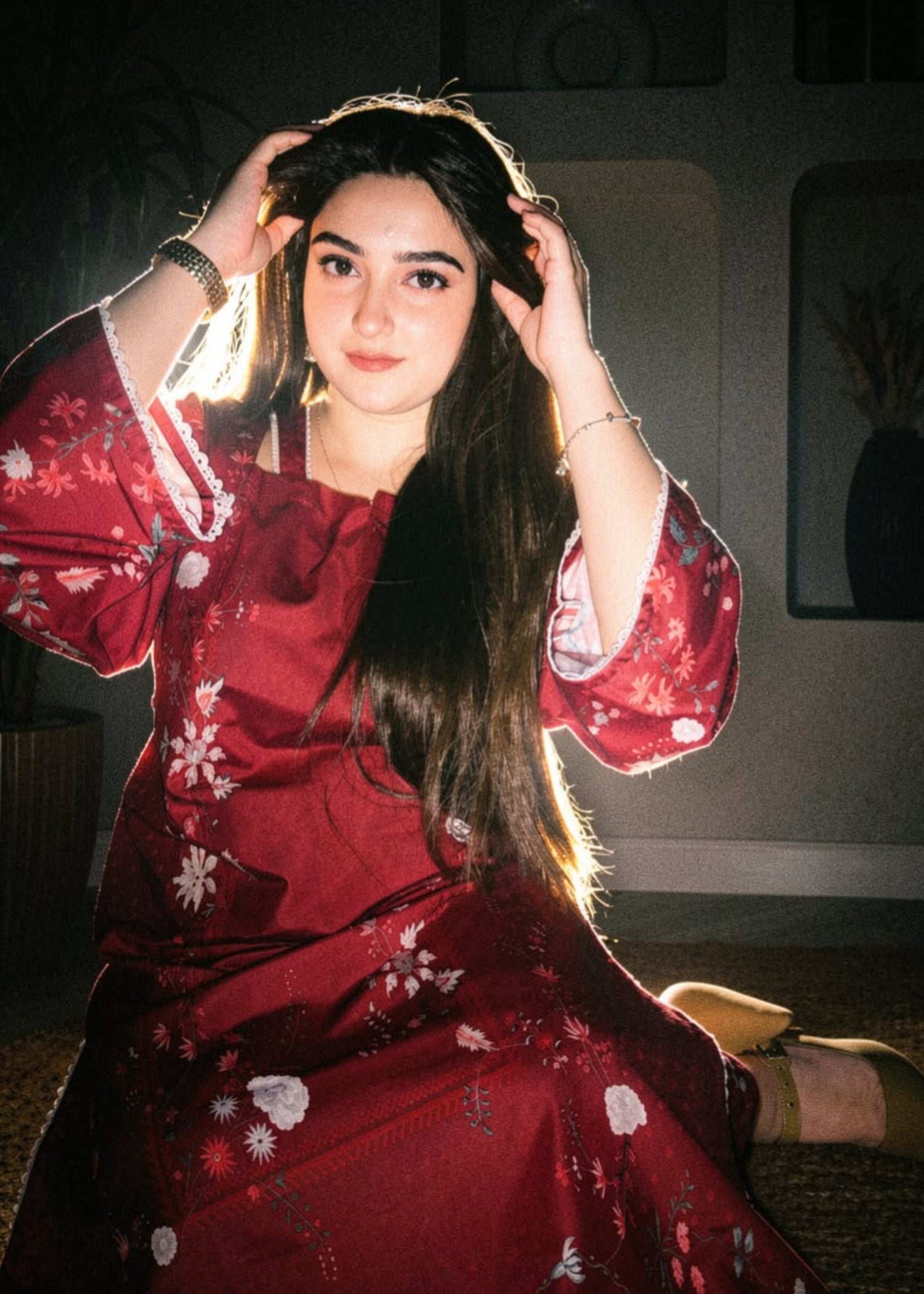 poly lawn Co Ord Sets in Blood red, multi