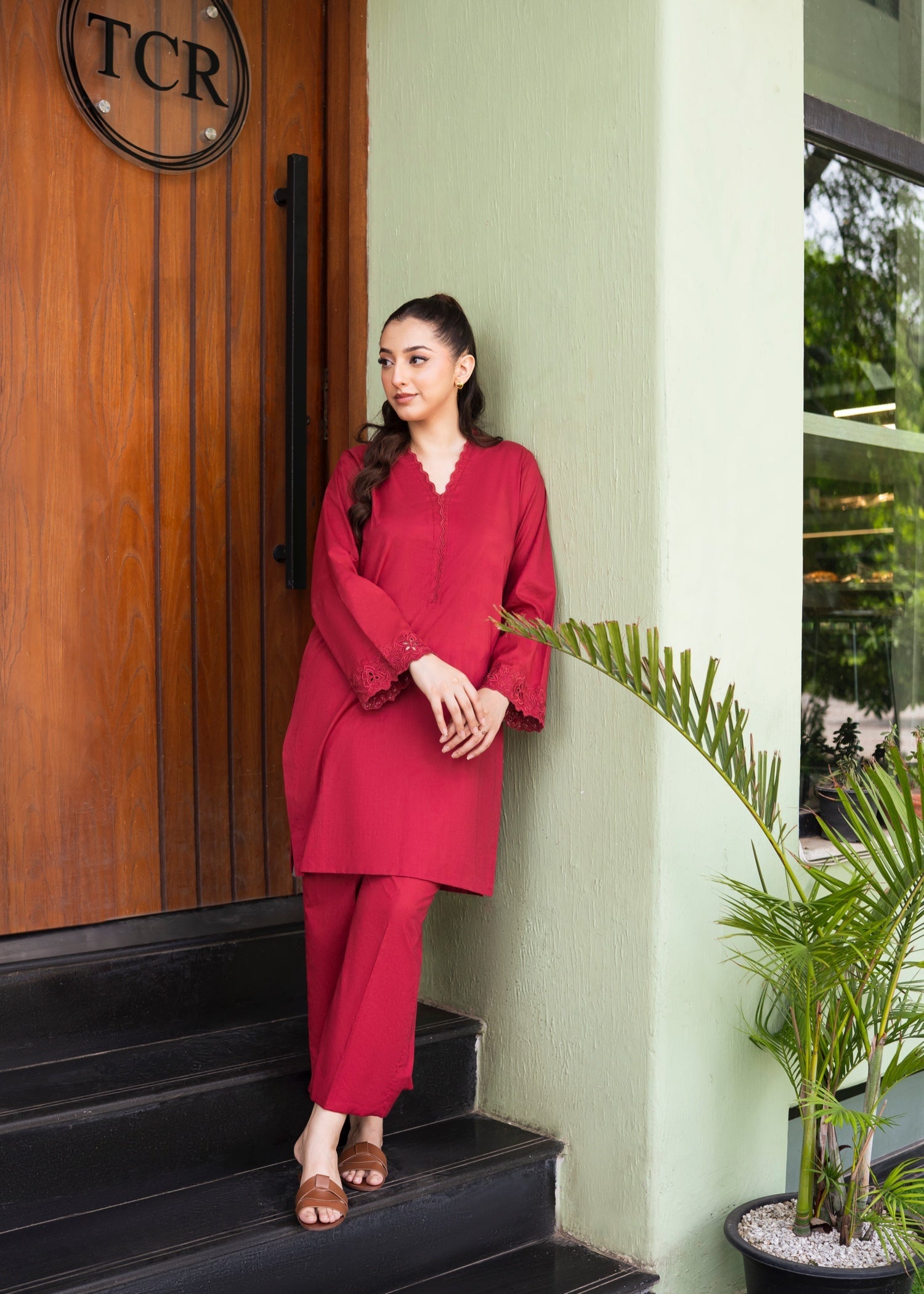 lawn cotton Kurta Set in Carmine