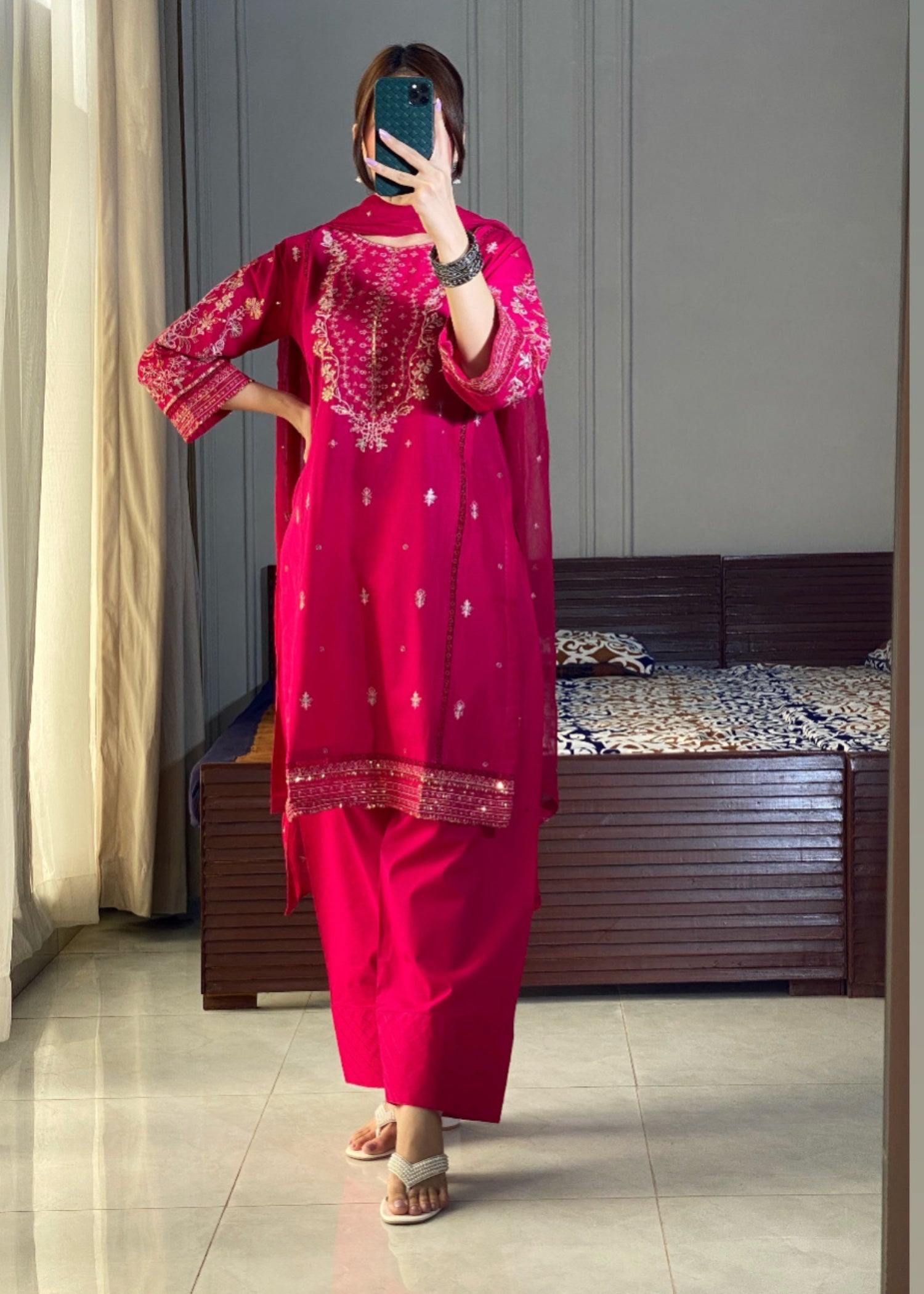 cotton Kurta Set in Hot pink red