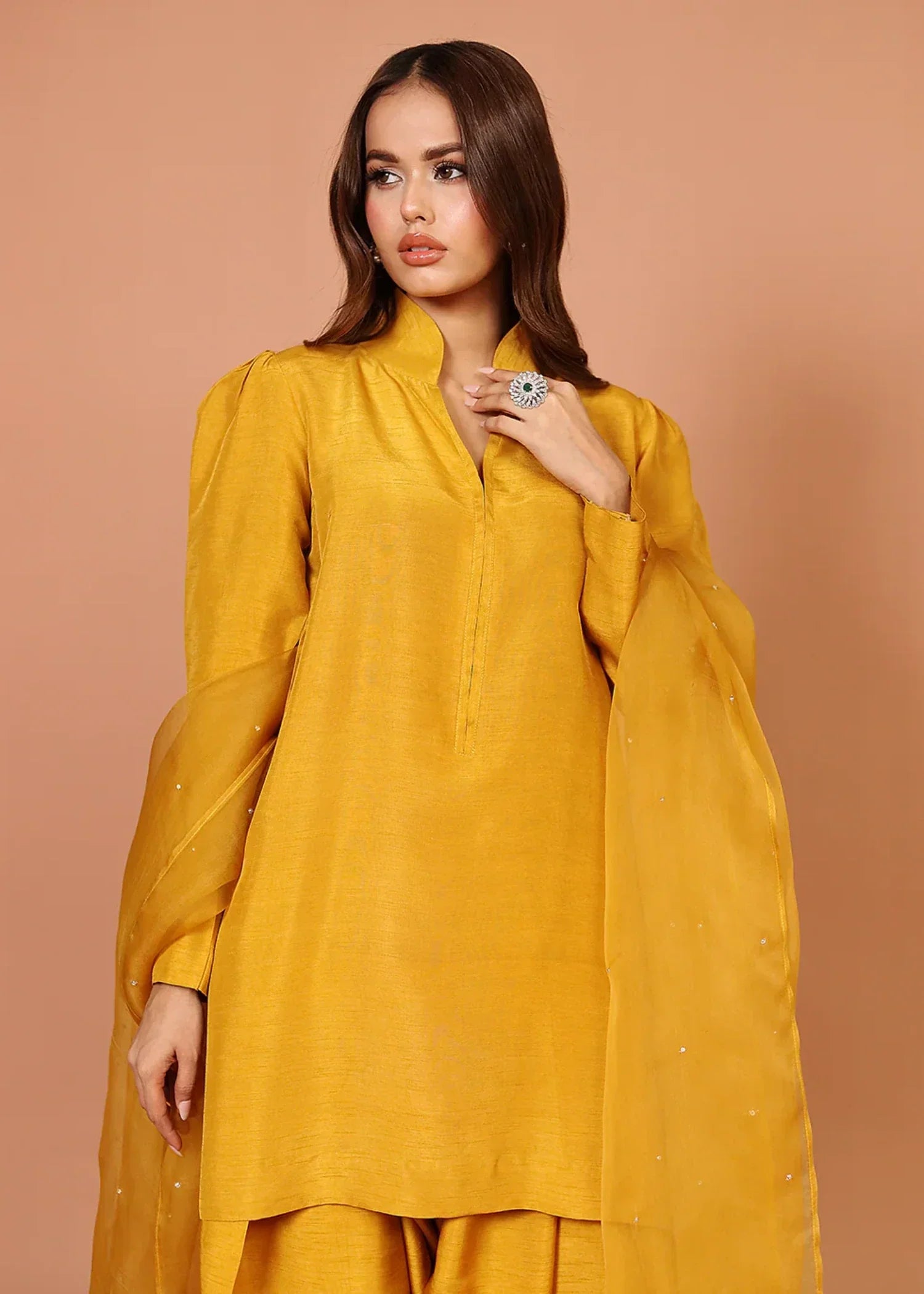 indian raw silk Kurta Set in Saffron