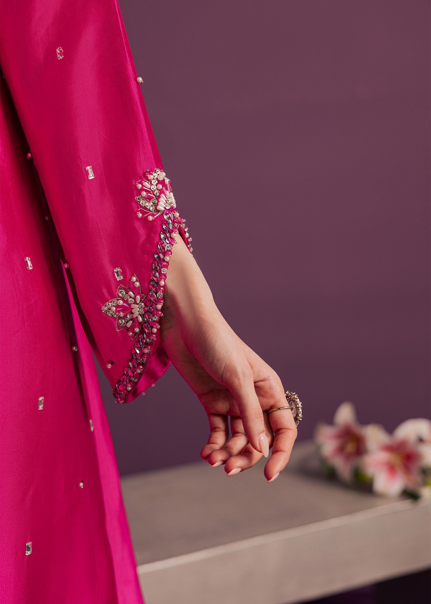 tussar silk Kaftan in Hot pink
