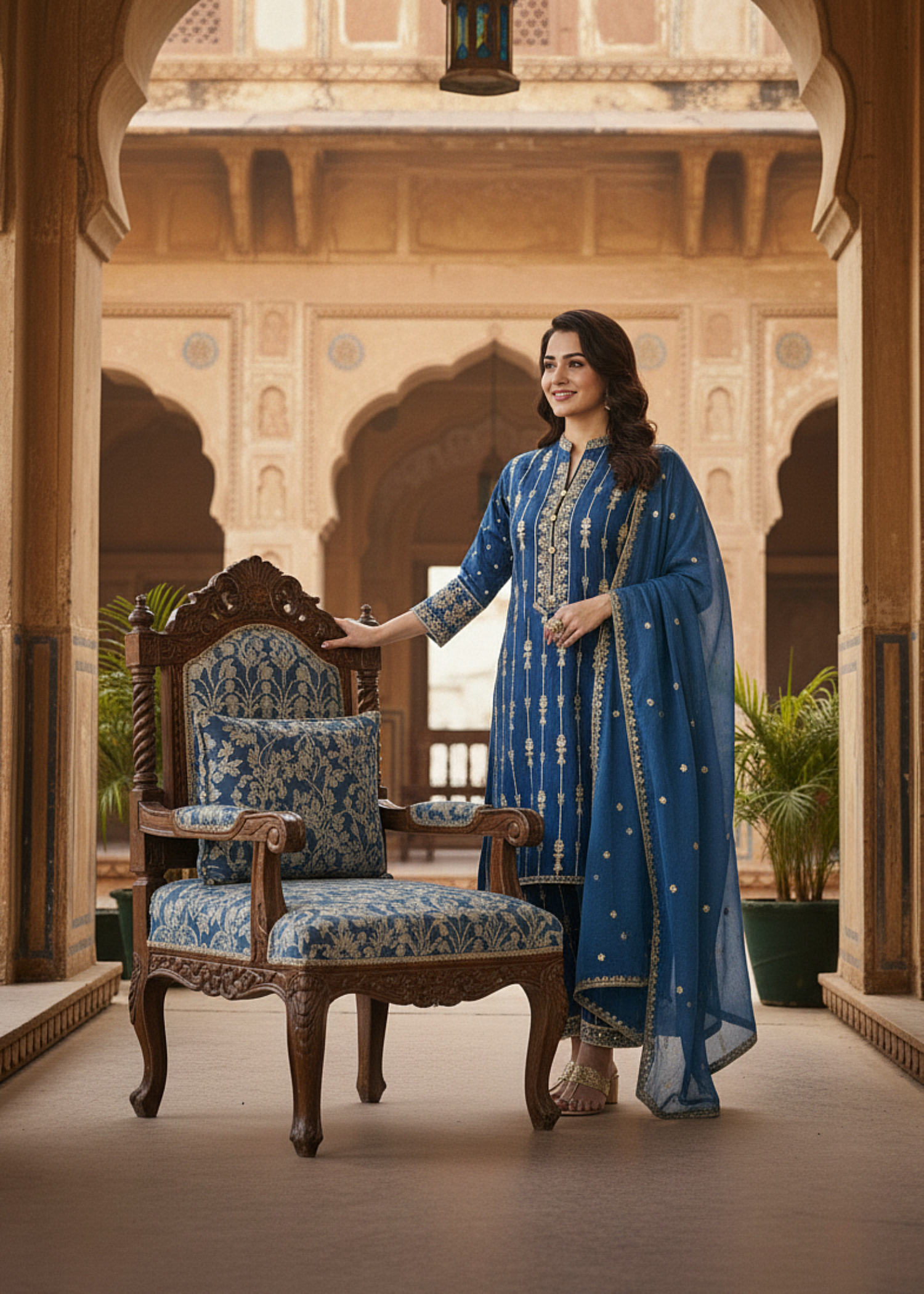 slub khaddar Kurta Set in Navy blue