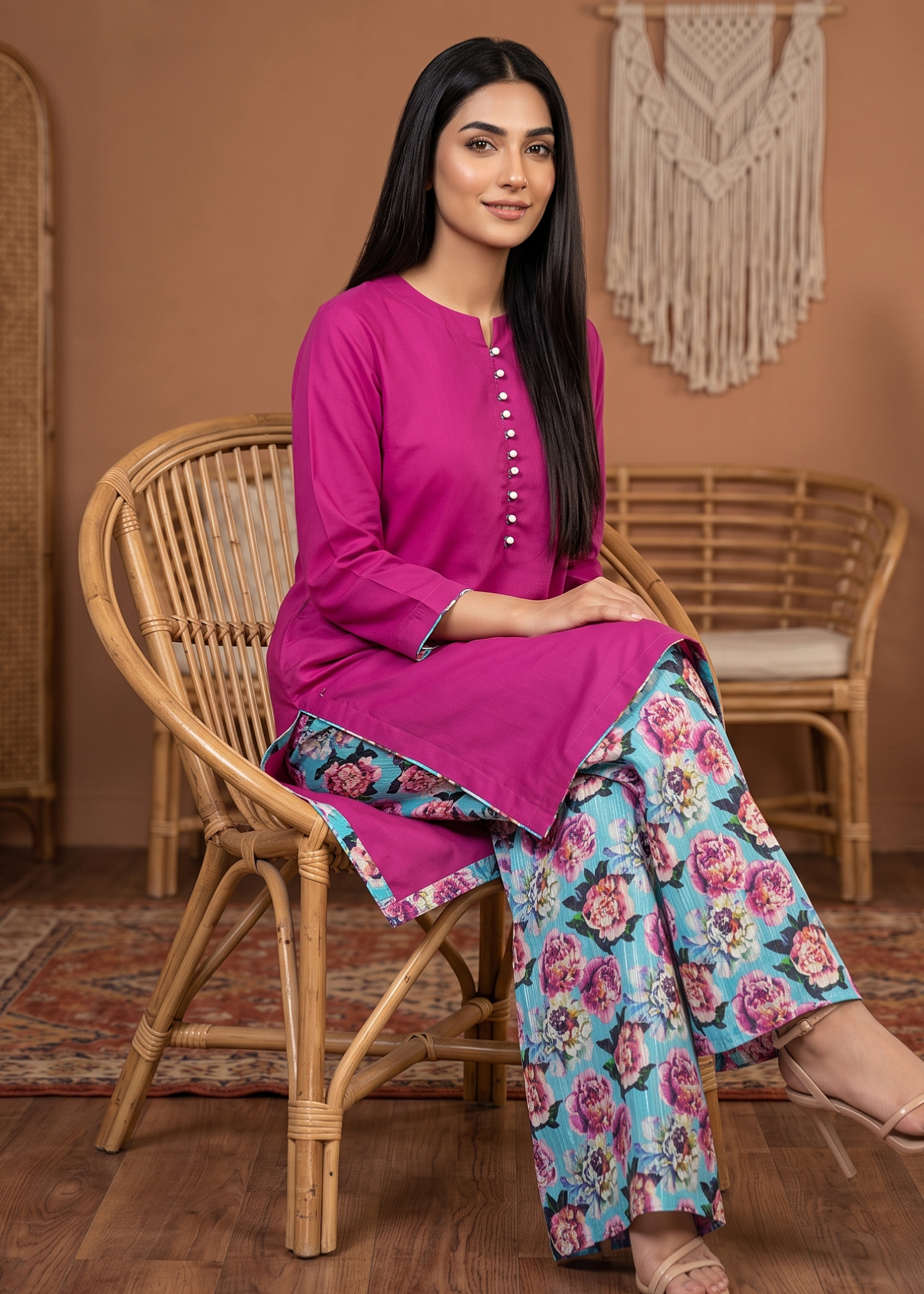 lawn cotton Kurta Set in Magenta haze