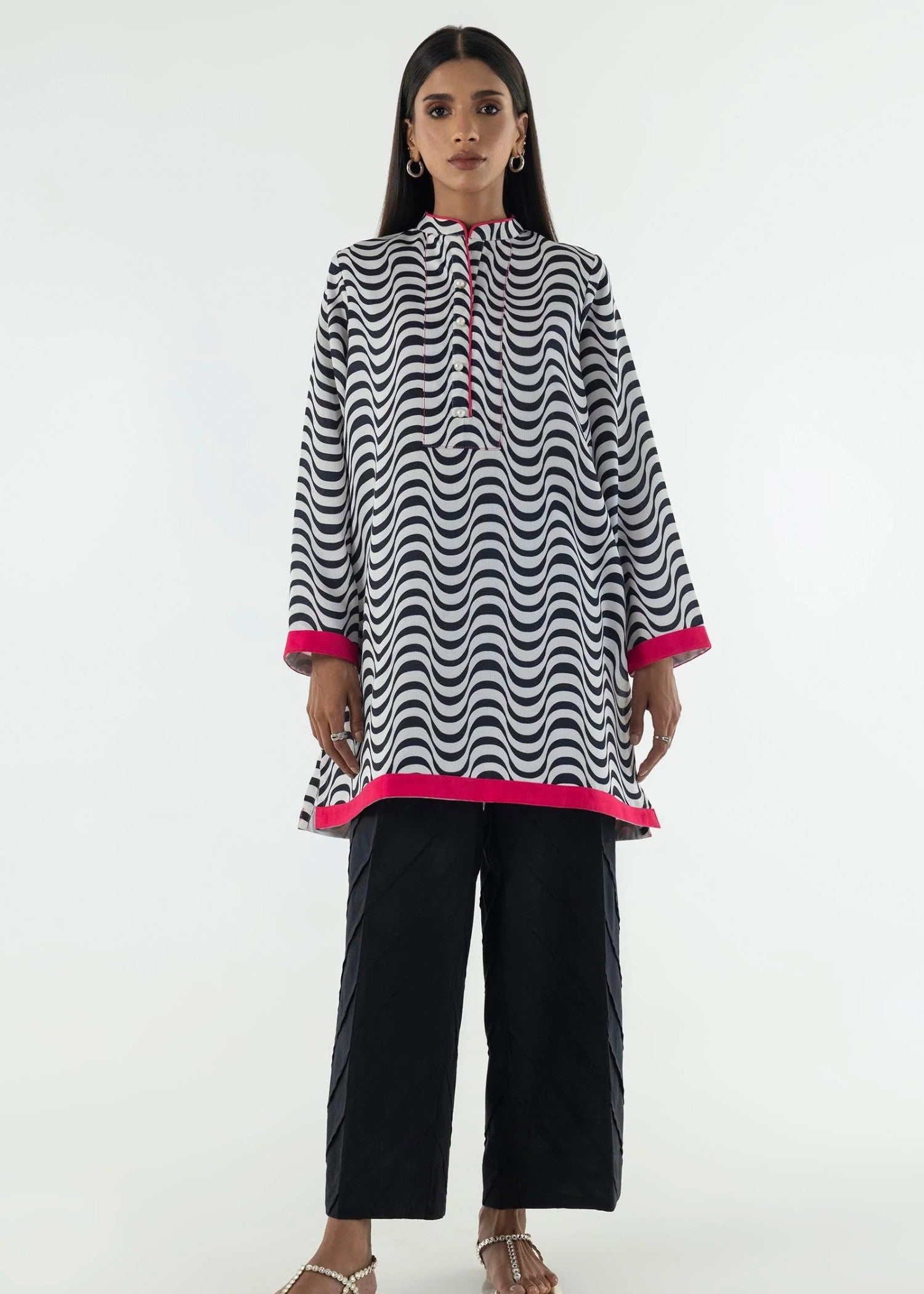 lawn Kurti in White, black