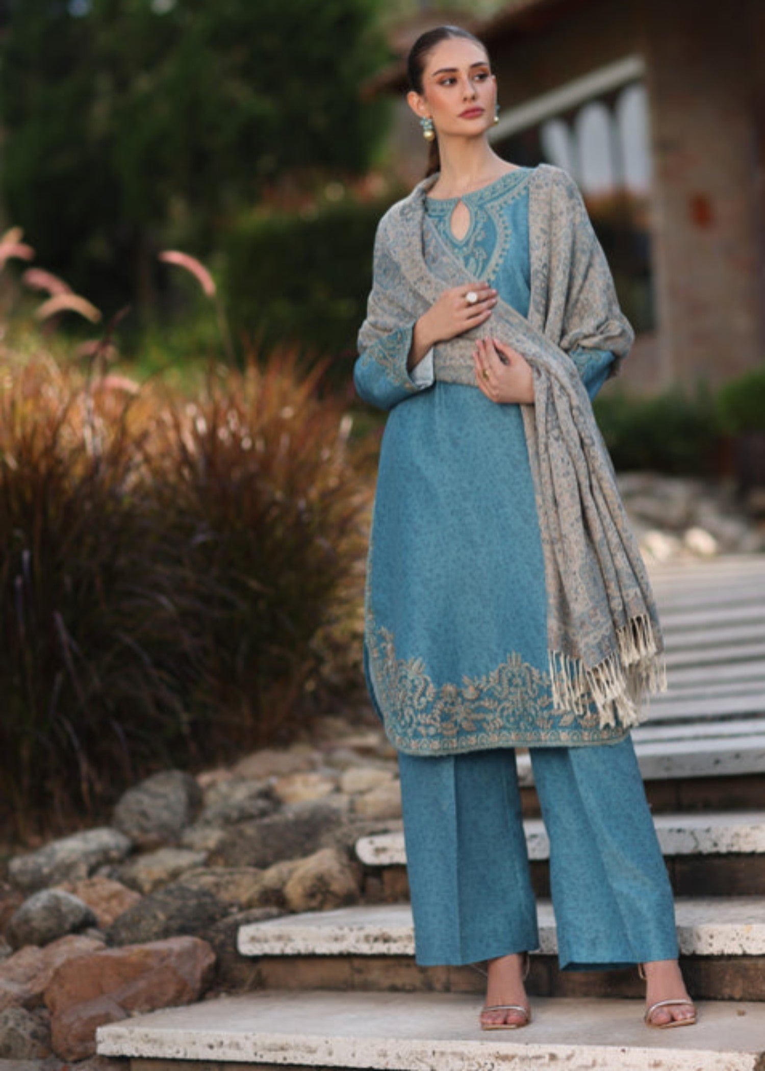 khaddar Kurta Set in Steel blue