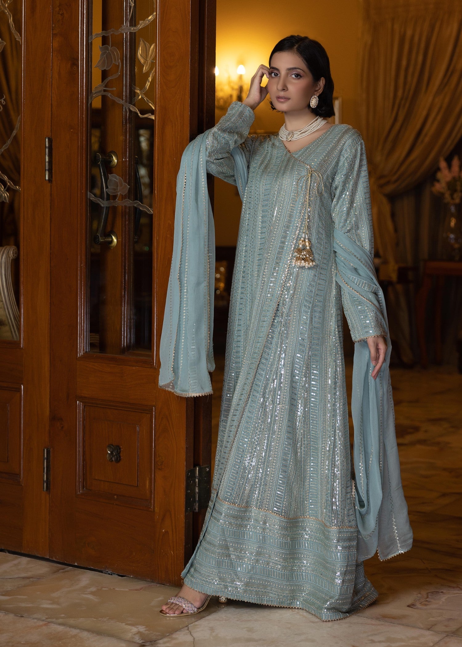 chiffon Angrakha in Ice blue