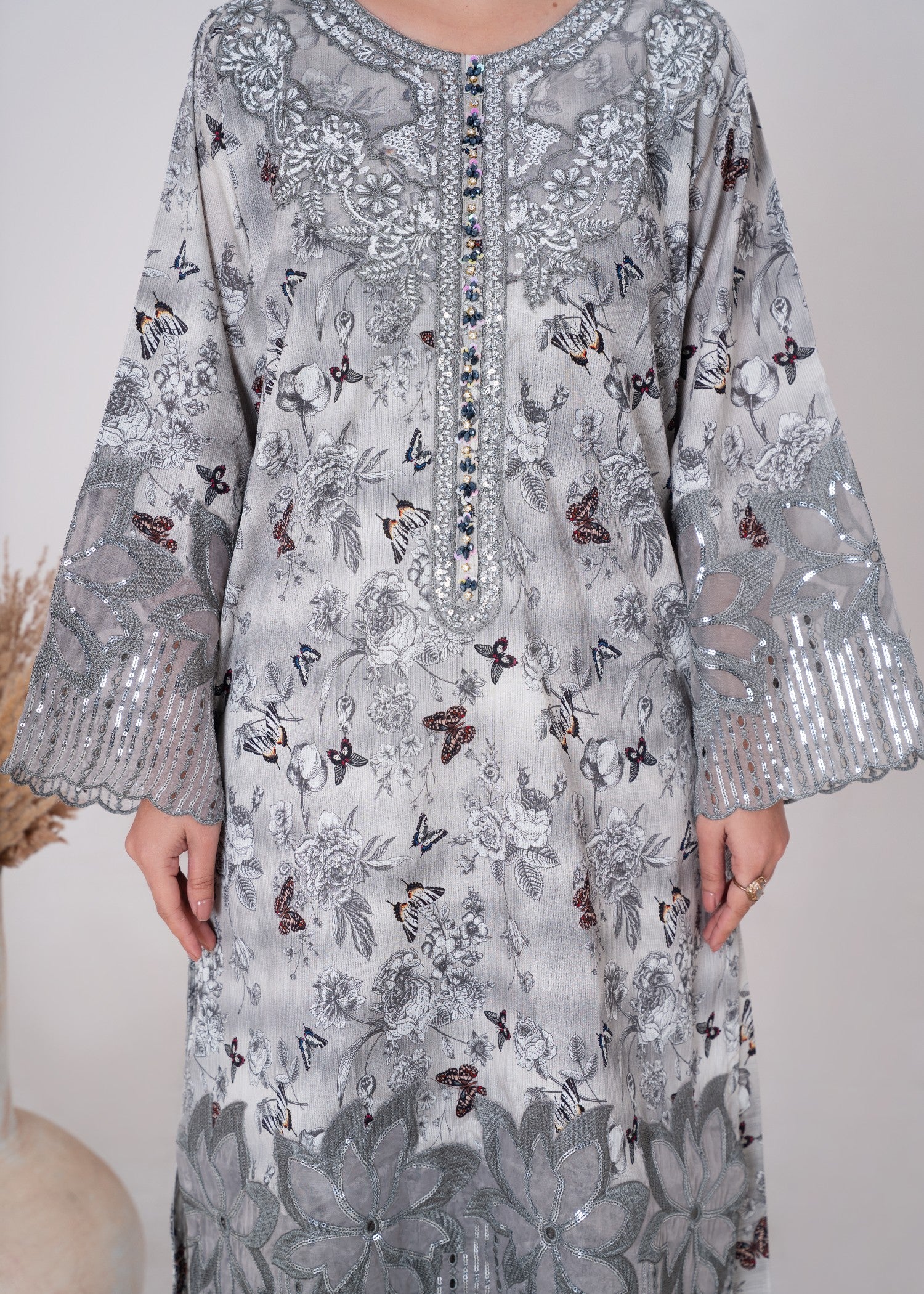 corduroy Kurta Set in White, grey
