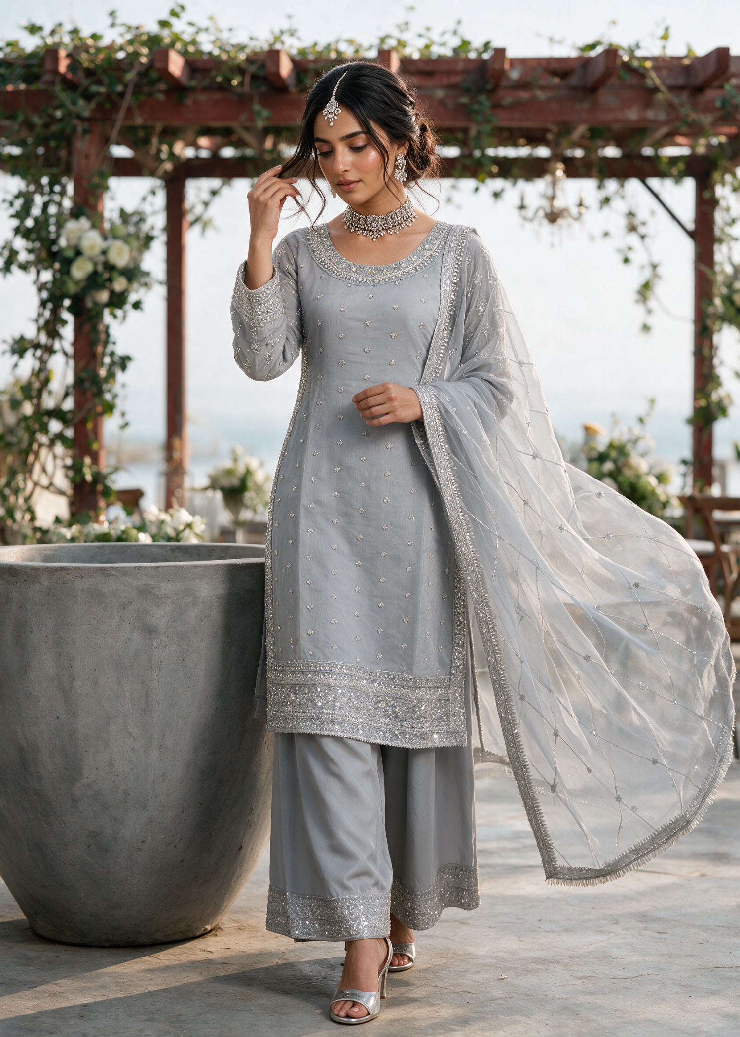 chiffon Kurta Set in Cool grey