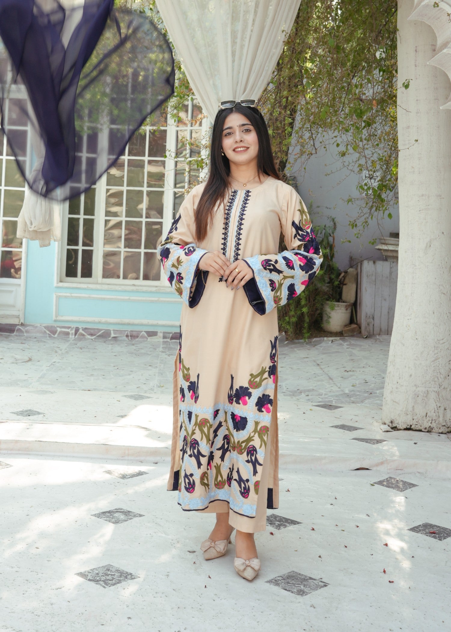 cotton Kurta Set in Beige, navy blue