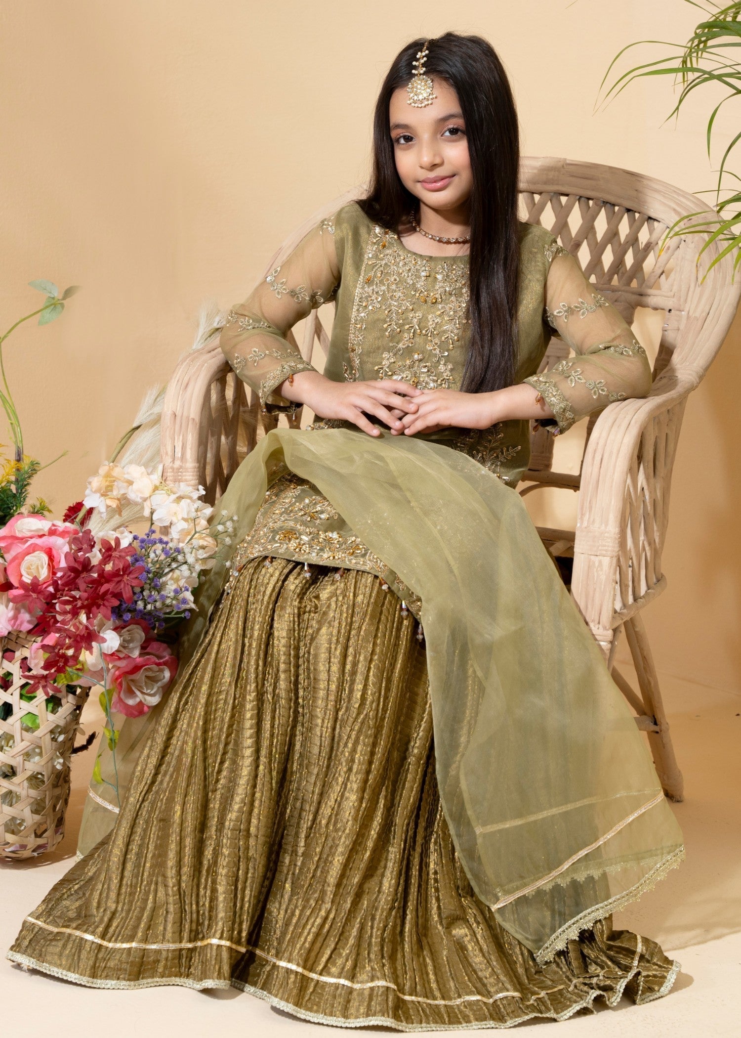 organza Lehenga in Olive green