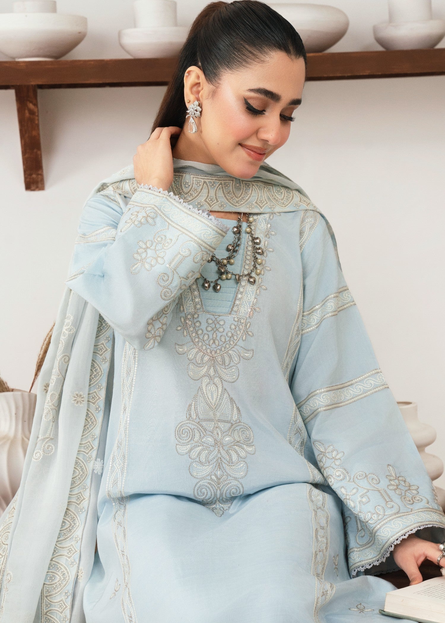 raw silk Kurta Set in Silver, ice blue