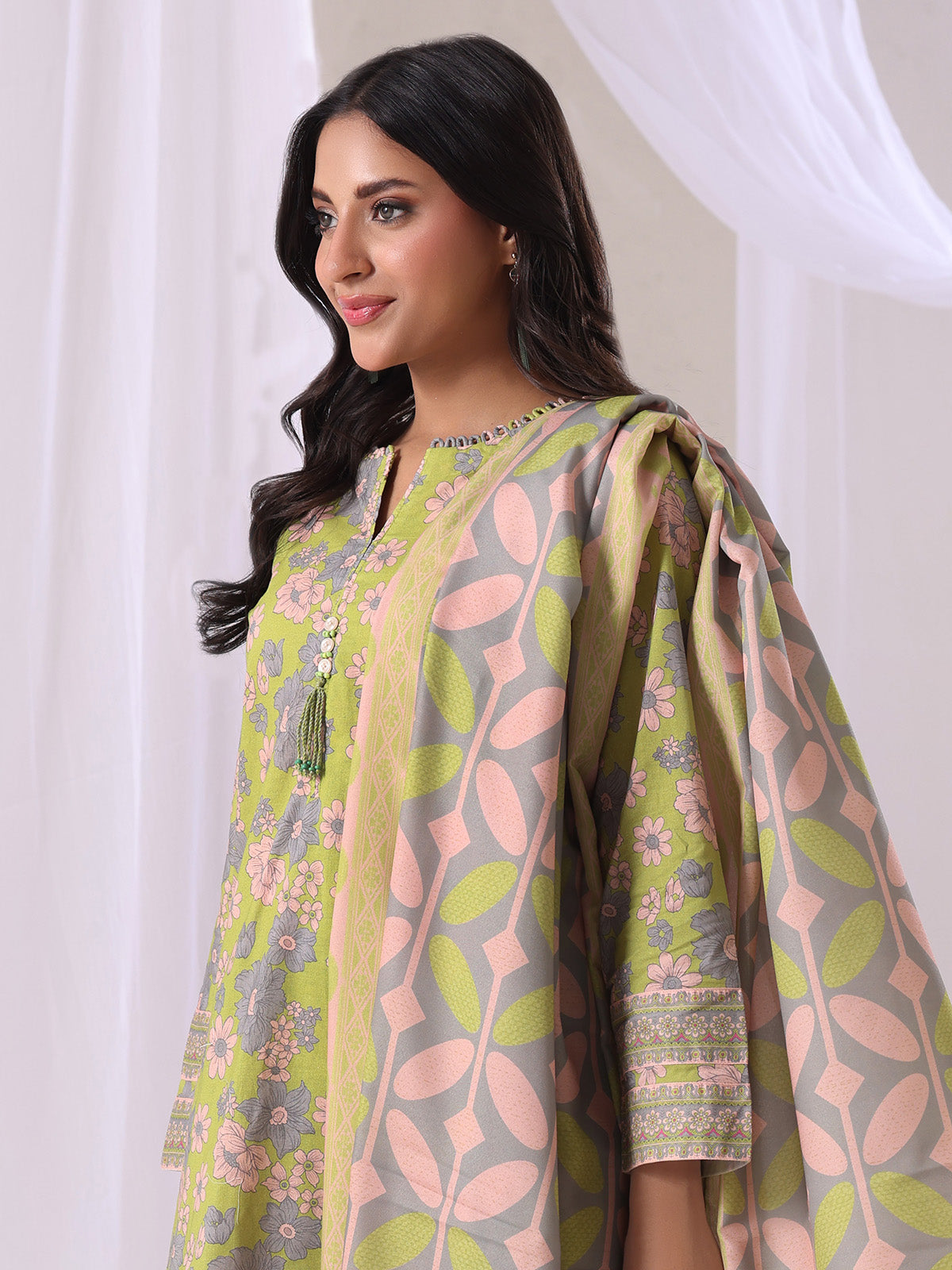 zari lawn Unstitched in Apple green