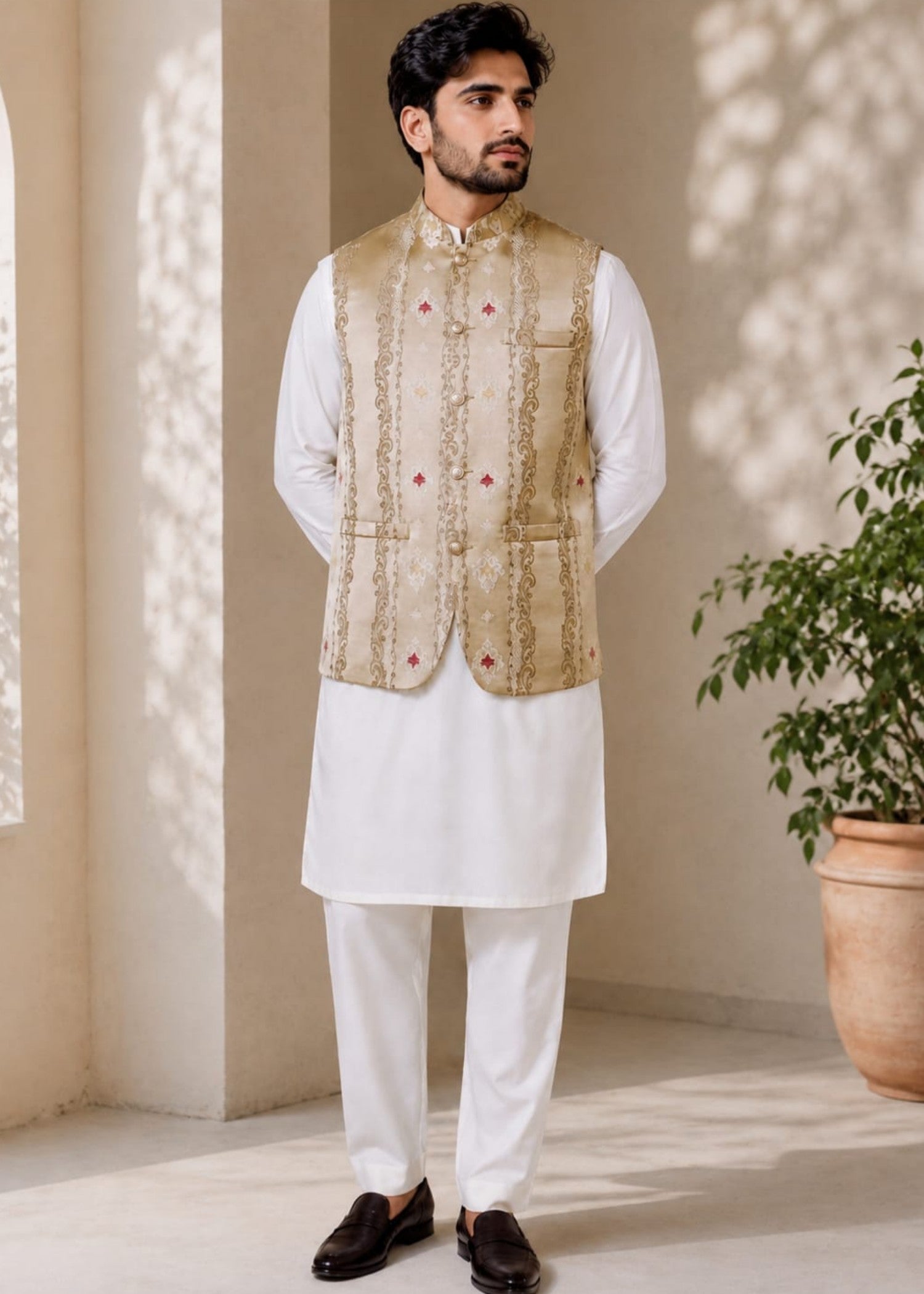 satin polyester jacquard Waistcoat in Cream