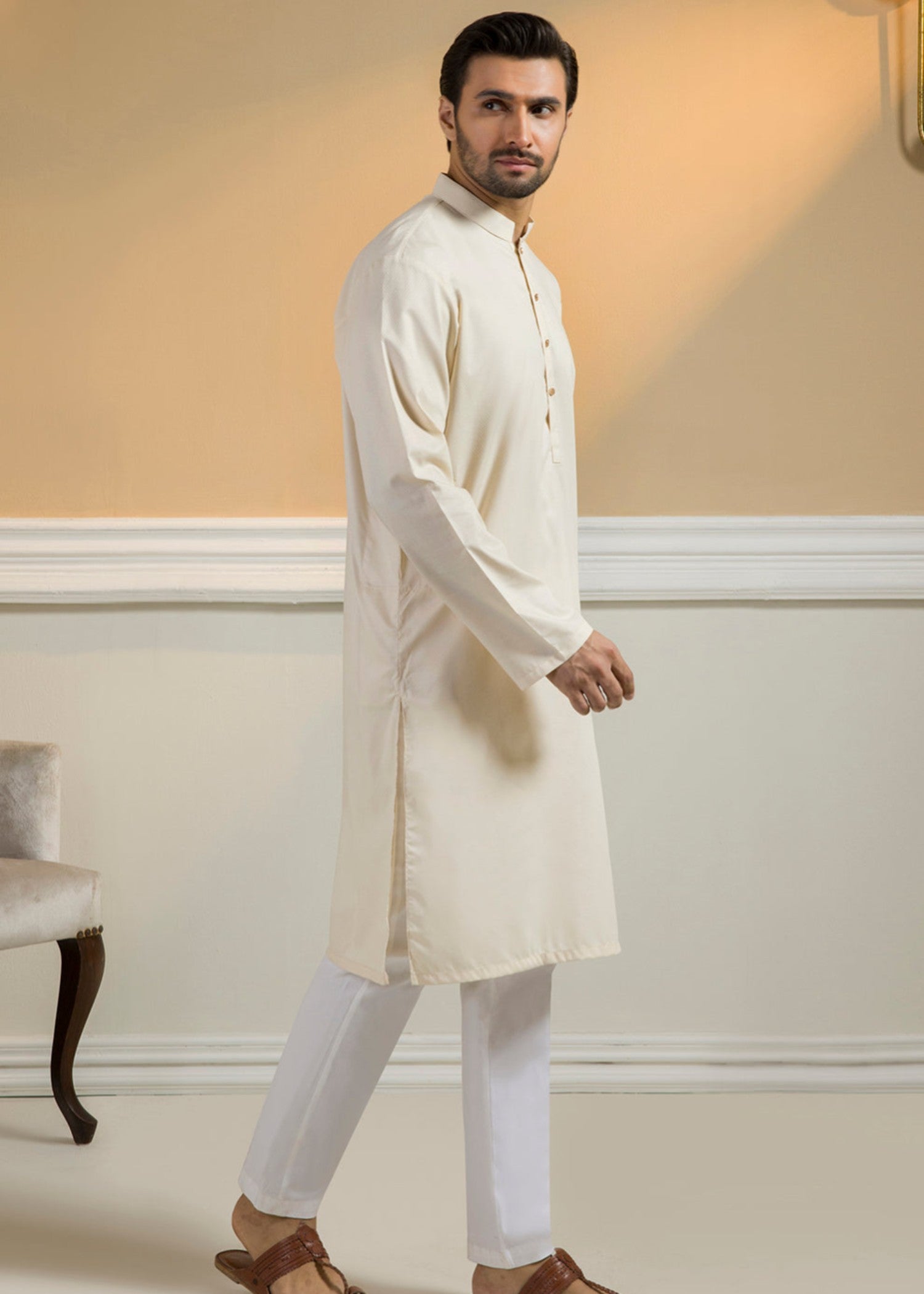 dobby Kurta in Cream by Zellbury