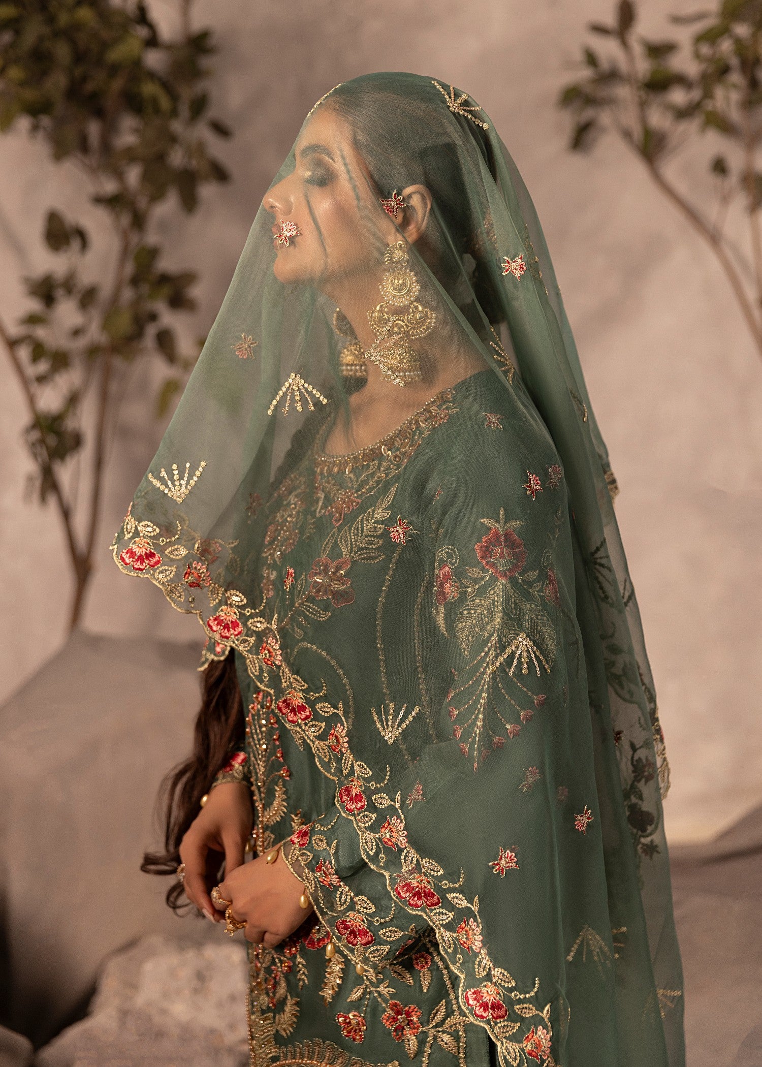 organza Gharara in Green