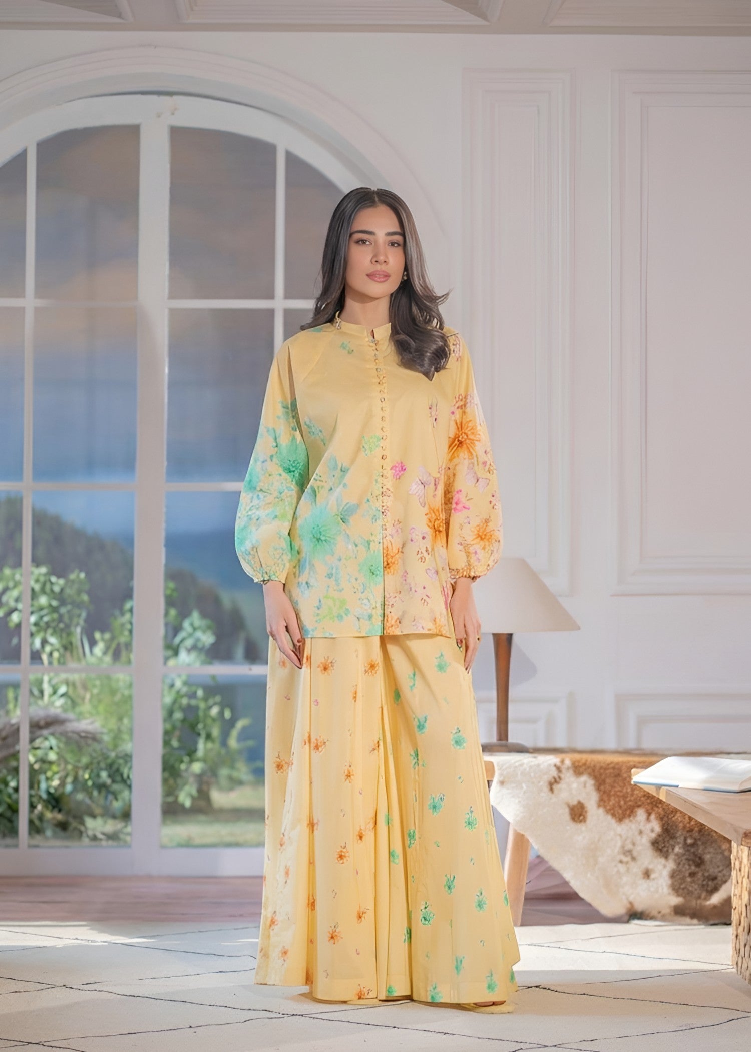 poly lawn Kurta Set in Mellow yellow