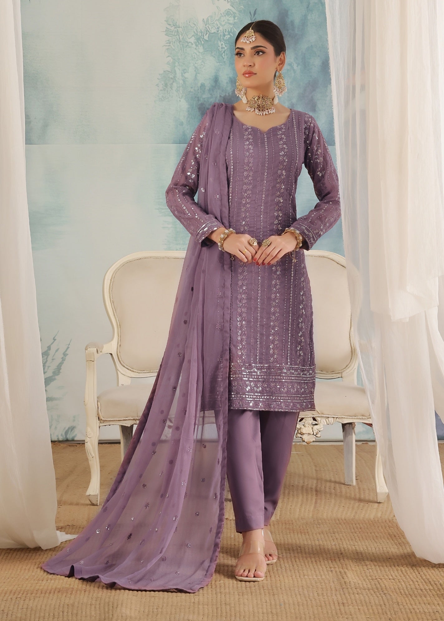chiffon Kurta Set in Purple mountain majesty