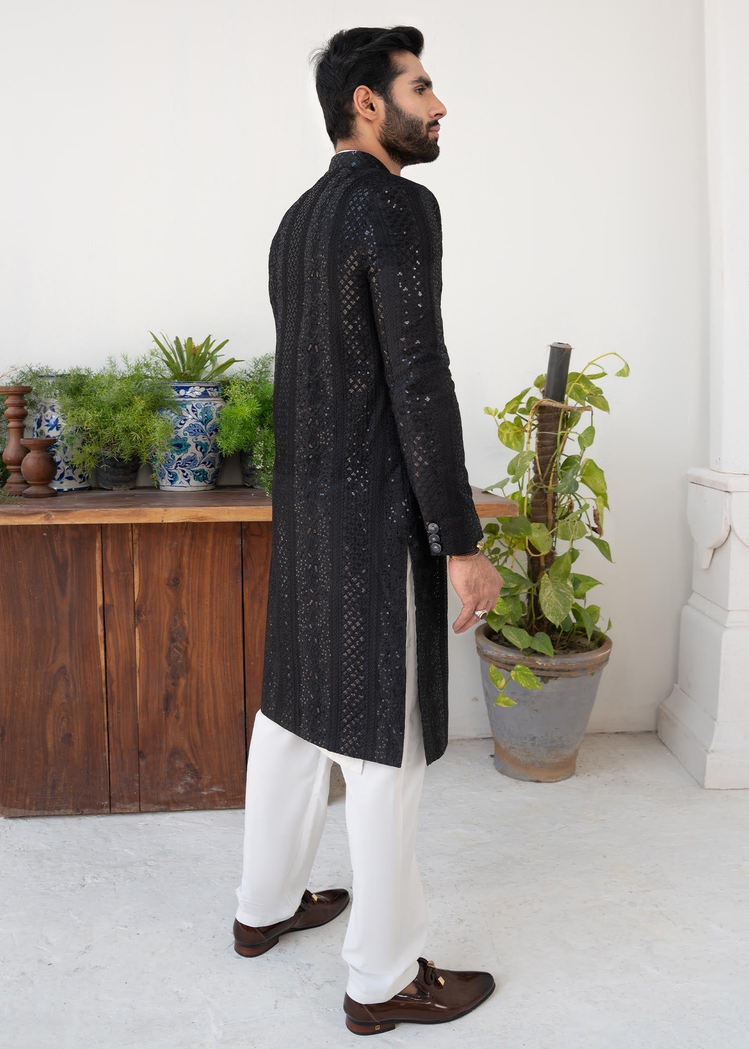 silk Sherwani in Black