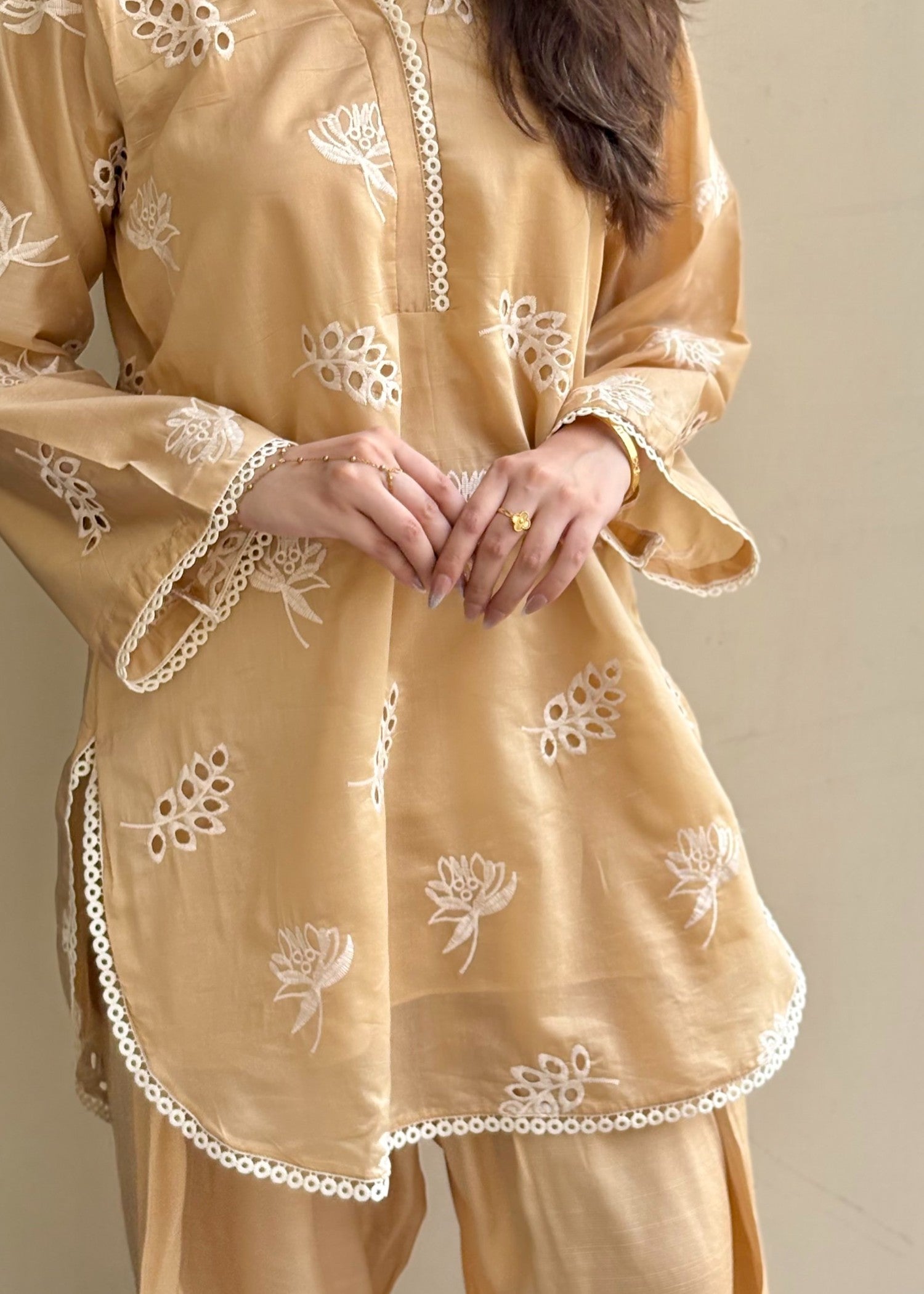 paper lawn Co Ord Sets in Golden brown