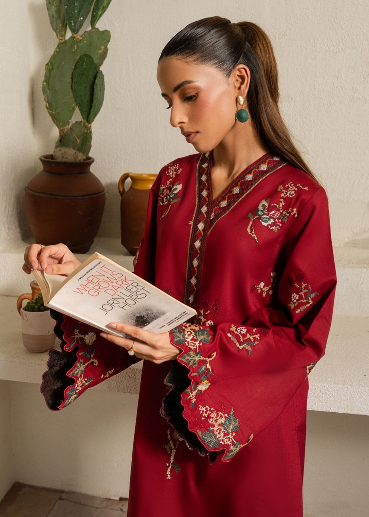 lawn cotton Kurta Set in Cardinal red