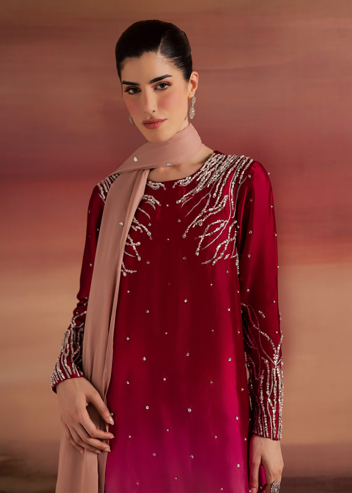 tussar silk Kaftan in Crimson